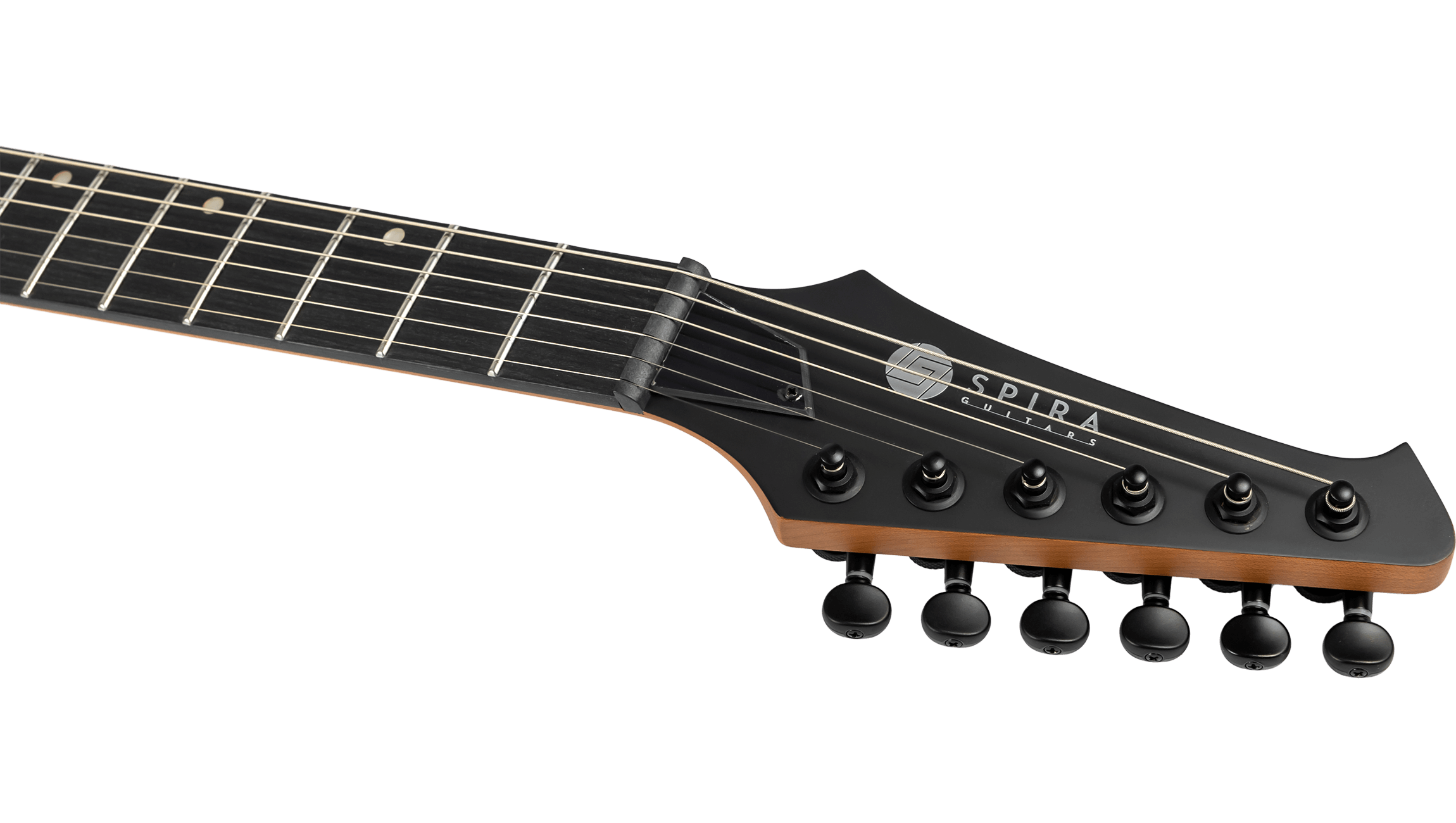 Black electric guitar headstock with six tuning pegs, logo text reads "Spira Guitars," and a visible nut at the top of the neck.