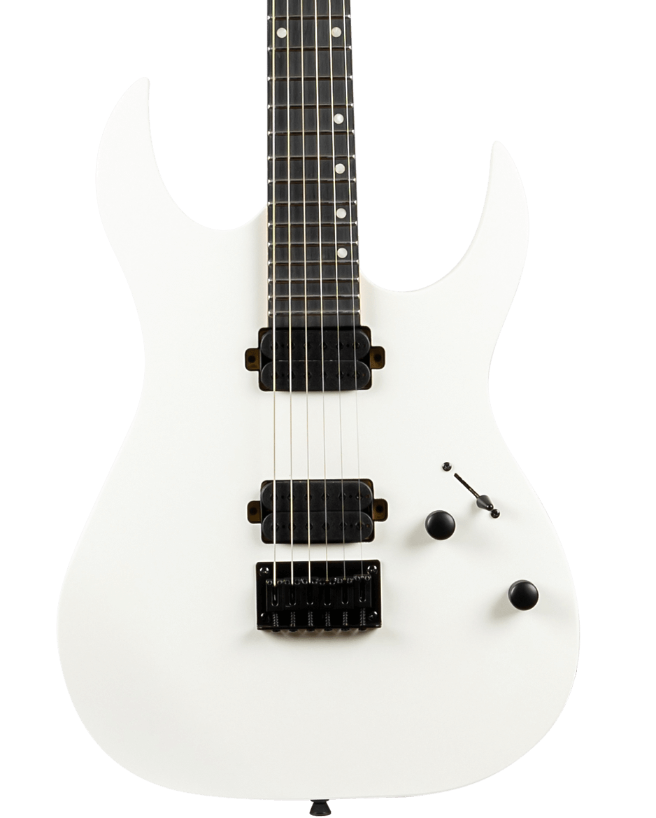 White electric guitar with two black humbucker pickups, two black control knobs, a switch, and a hardtail bridge.