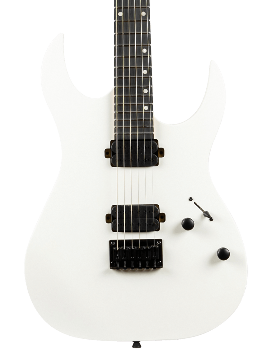 White electric guitar with two black humbucker pickups, two black control knobs, a switch, and a hardtail bridge.