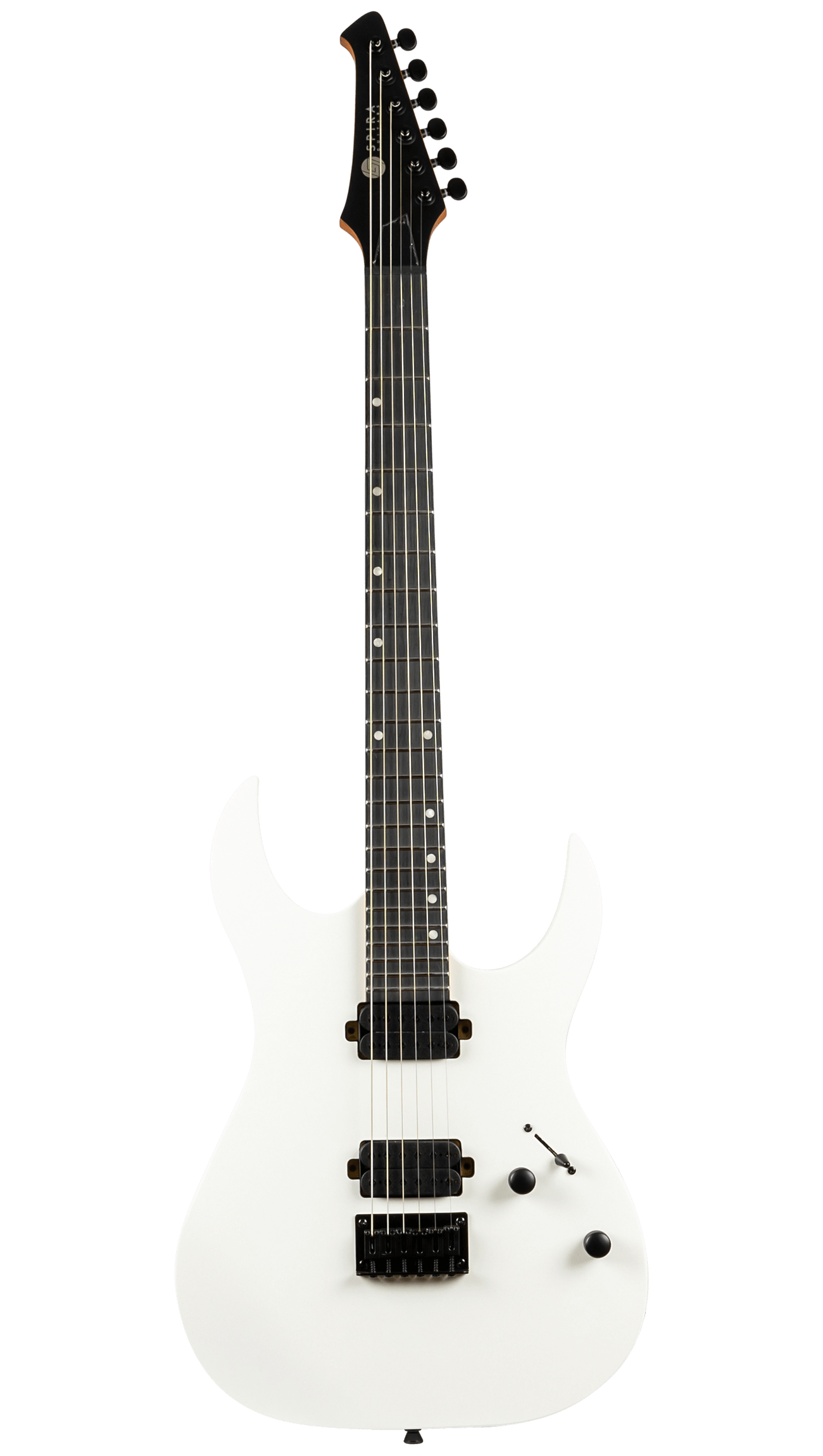 White electric guitar with a sharp double-cutaway body, two black humbucker pickups, three black control knobs, and a black headstock.