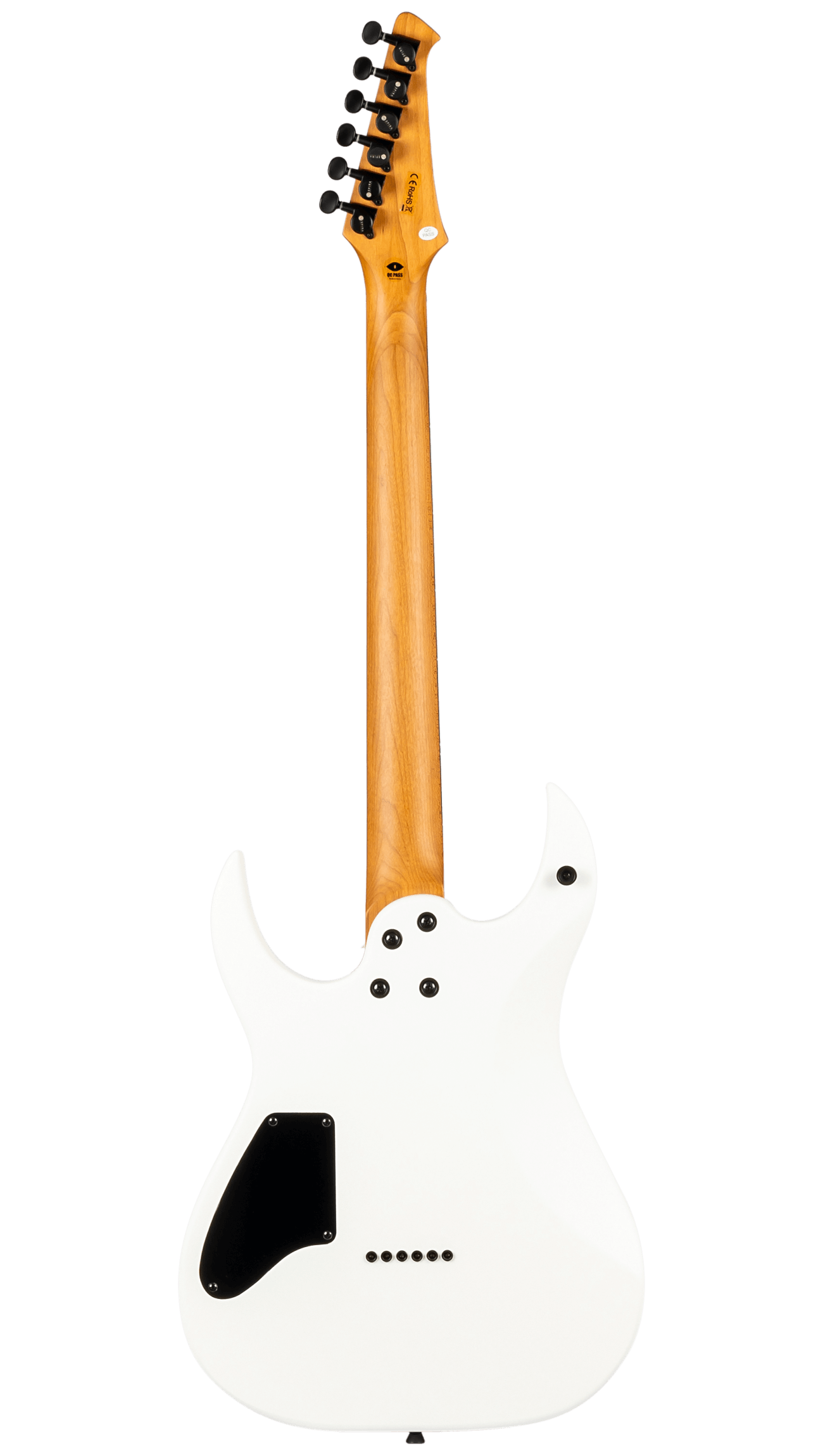 White electric guitar shown from the back; natural wood neck, six black tuning pegs, black backplate, and screw details visible on the body.