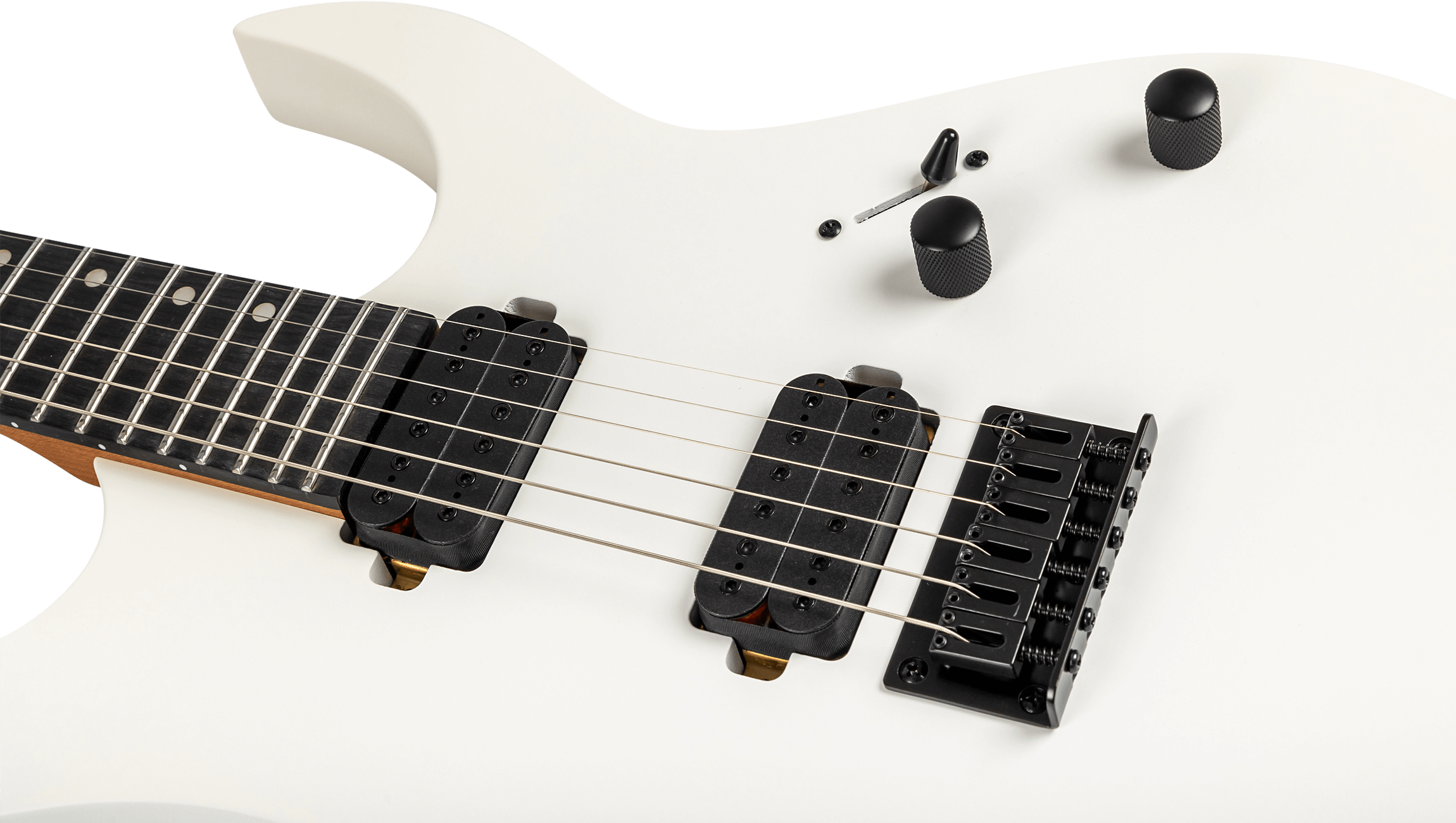 White electric guitar body with two black humbucker pickups, two control knobs, a switch, six strings, and a black fixed bridge.