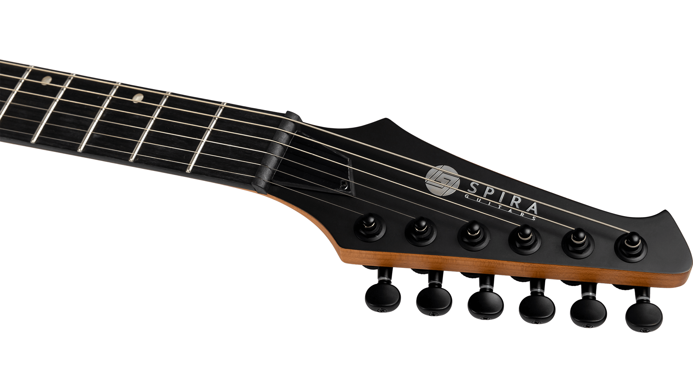 Headstock and part of neck of a Spira electric guitar, six black tuning pegs, black faceplate, visible string retainer, and silver frets.