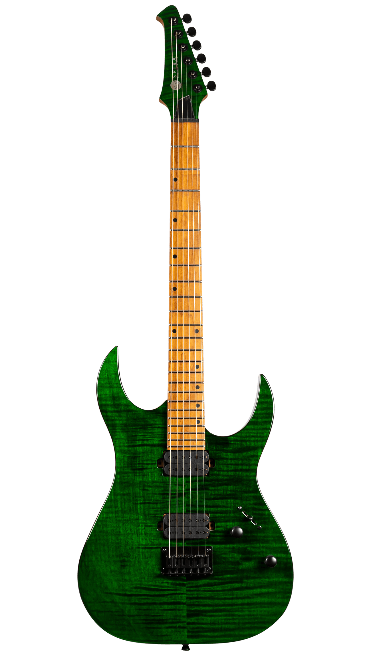 Electric guitar with a bright green body, double cutaway shape, two black pickups, maple fretboard, and six tuning pegs in a row.