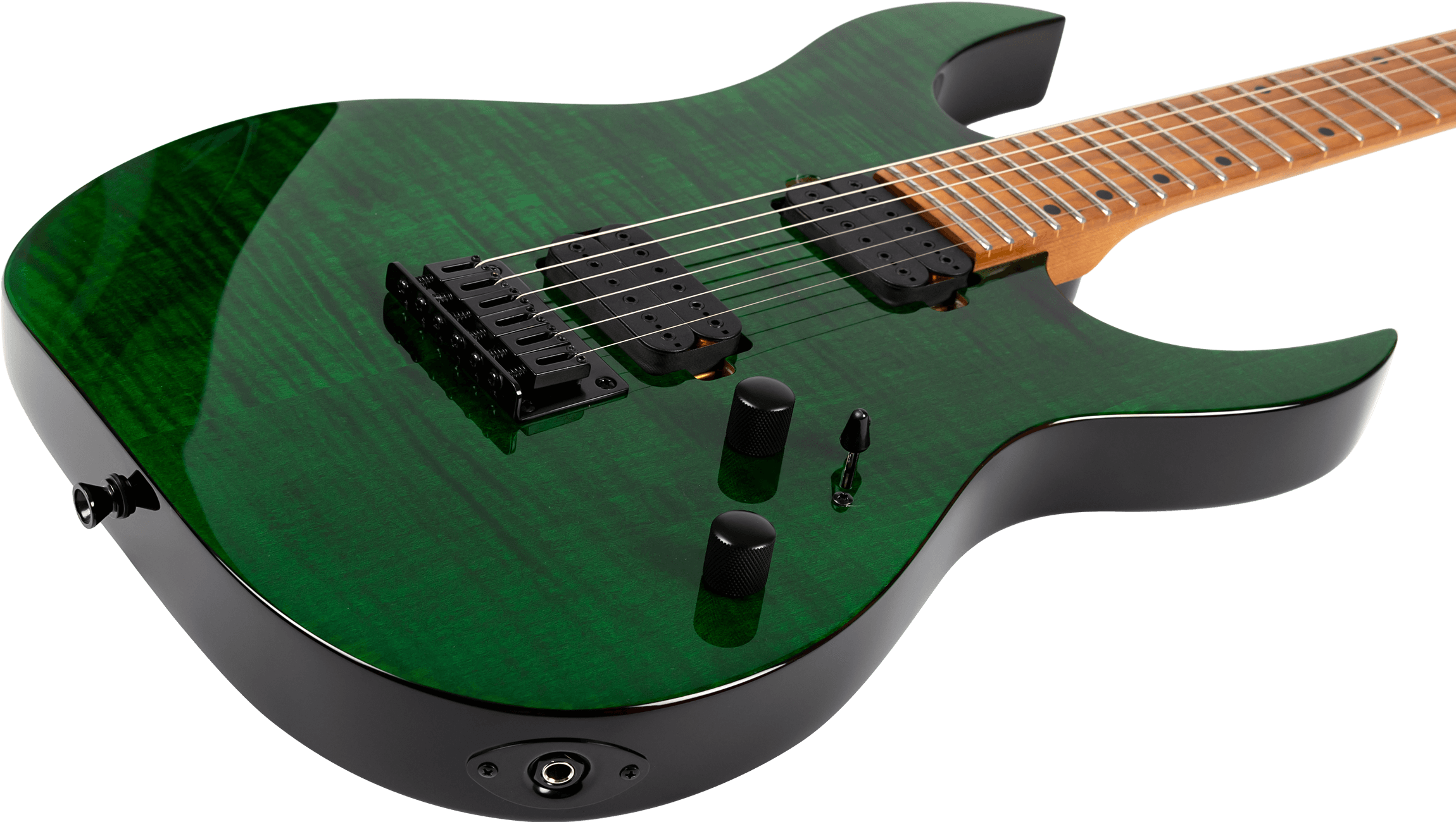Electric guitar with a glossy green finish, black hardware, two humbucker pickups, three control knobs, and a light-colored fretboard.