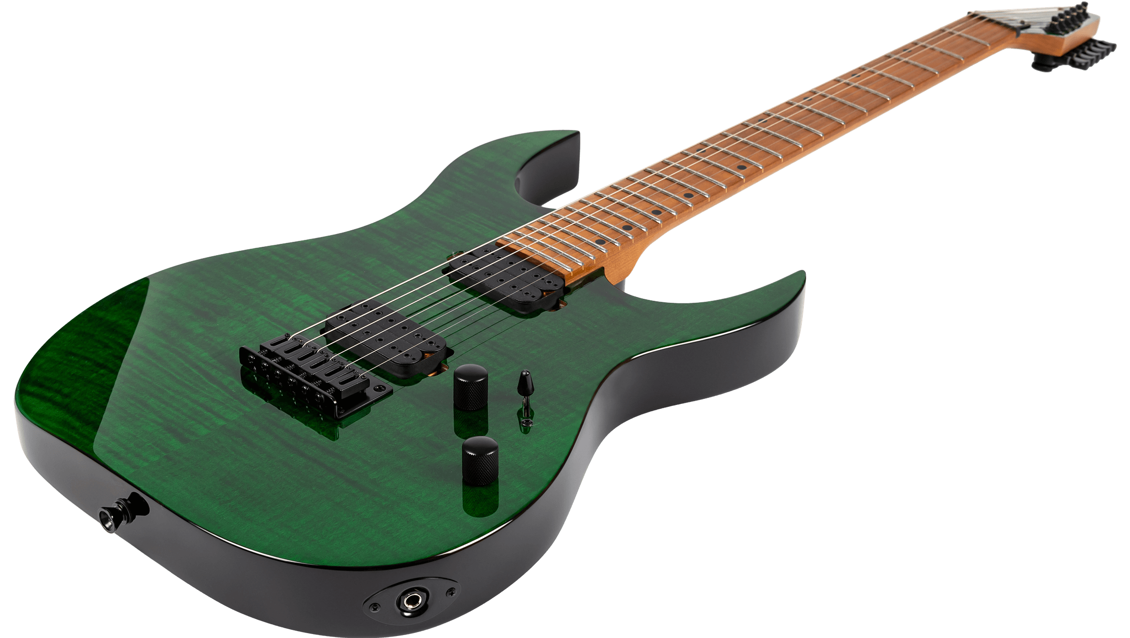 Green solid-body electric guitar with two humbucker pickups, black hardware, maple neck, and a jack input on the lower edge.