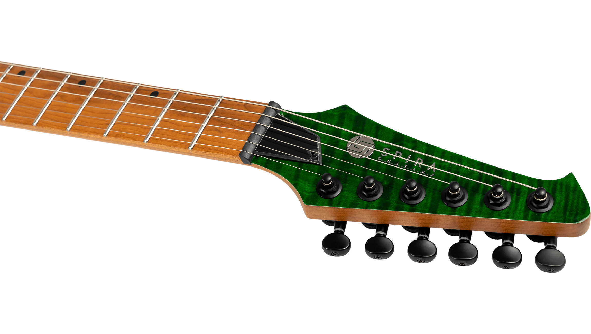Electric guitar headstock with a bright green finish, six black tuning pegs, and "Spira Guitars" logo; maple neck with metal frets and dot inlays.