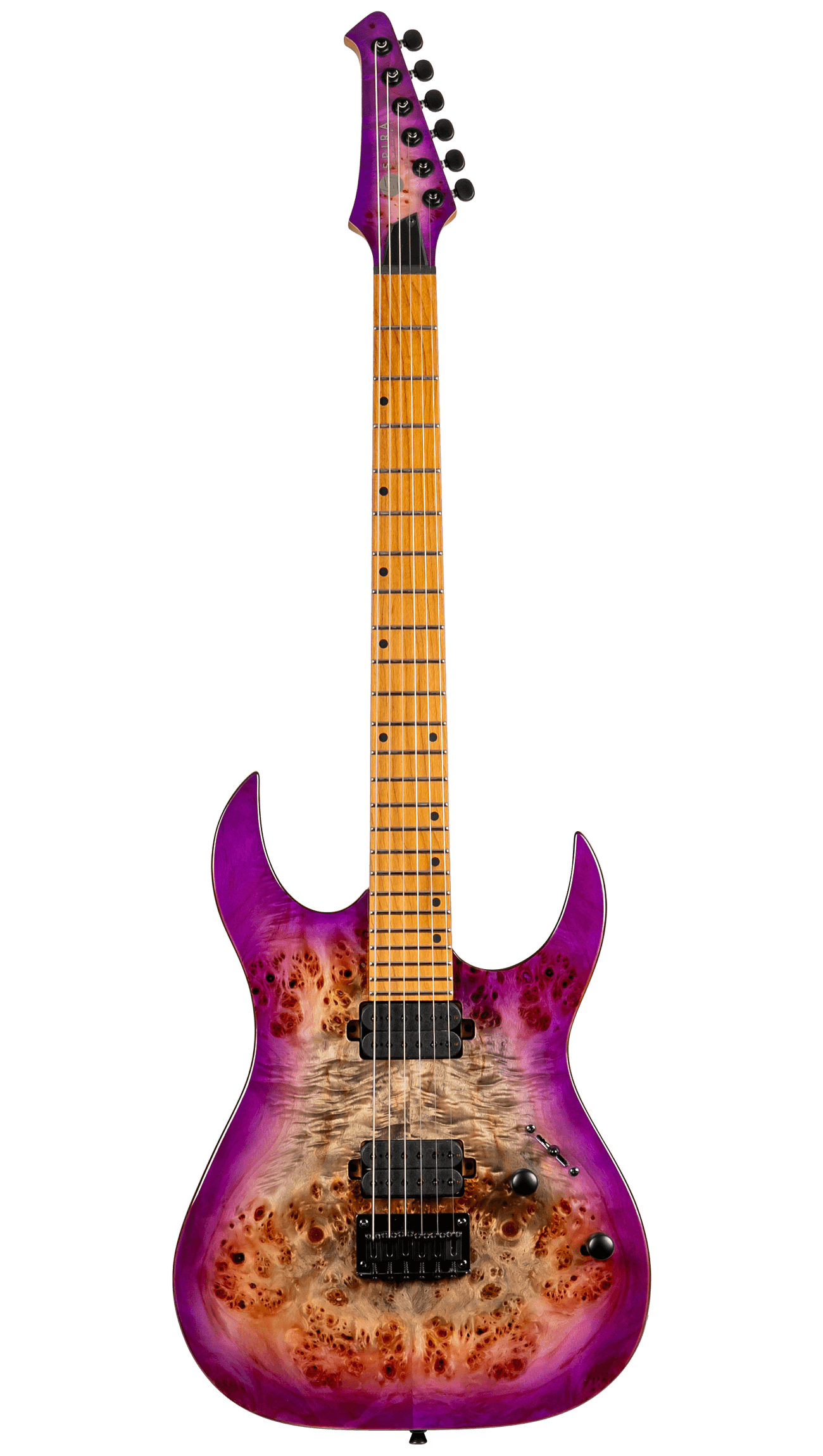 Electric guitar with a natural wood grain burl top, vivid purple edges, two black humbucker pickups, and a maple fretboard with black dot inlays.