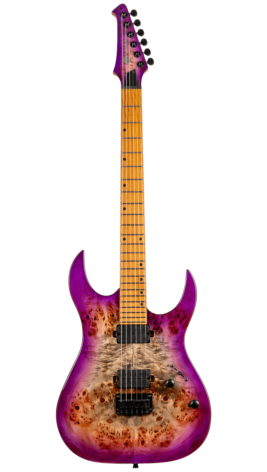 Electric guitar with a natural wood grain burl top, vivid purple edges, two black humbucker pickups, and a maple fretboard with black dot inlays.
