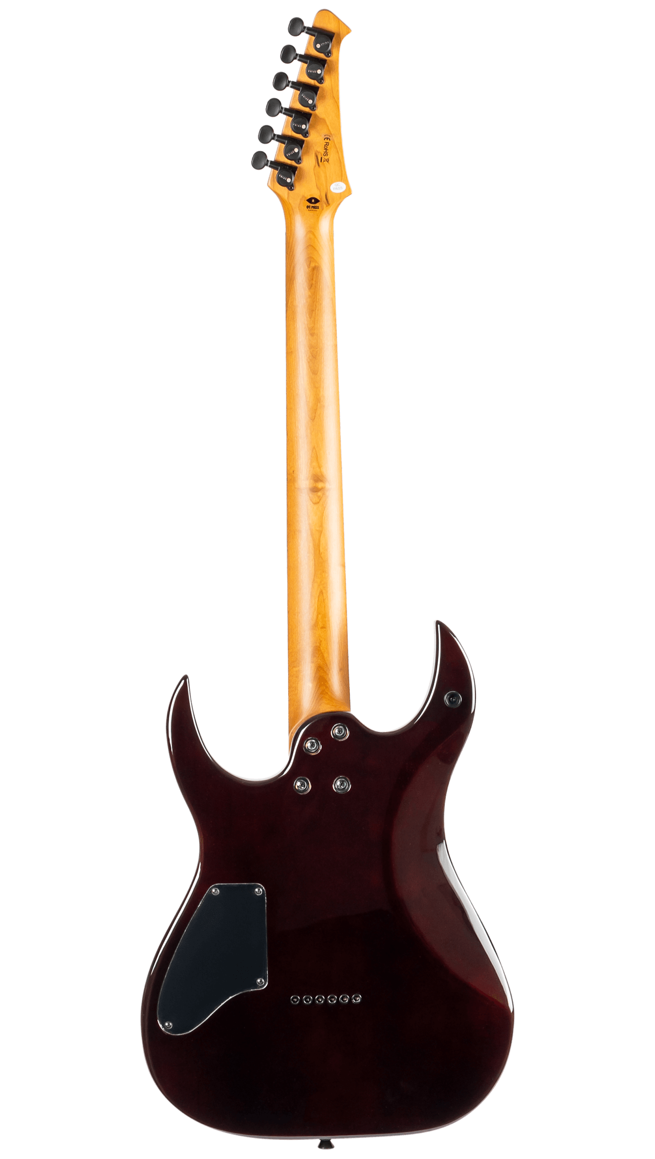 Rear view of an electric guitar with a natural wood neck, dark glossy body, six tuning pegs, and a black control plate on the lower back.