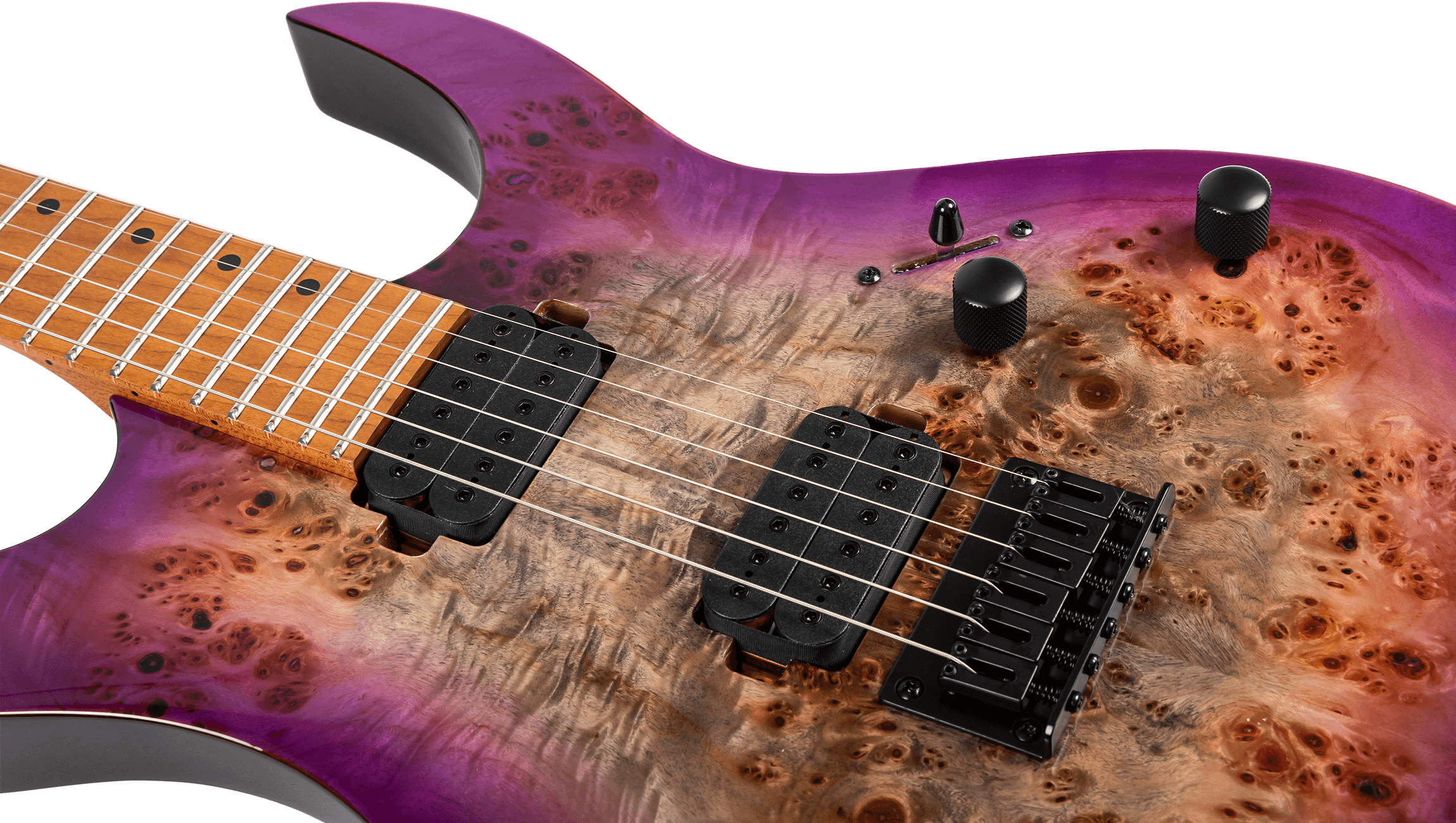 Electric guitar with a natural wood burl top fading into purple edges, black hardware, two humbucker pickups, and a maple fretboard.