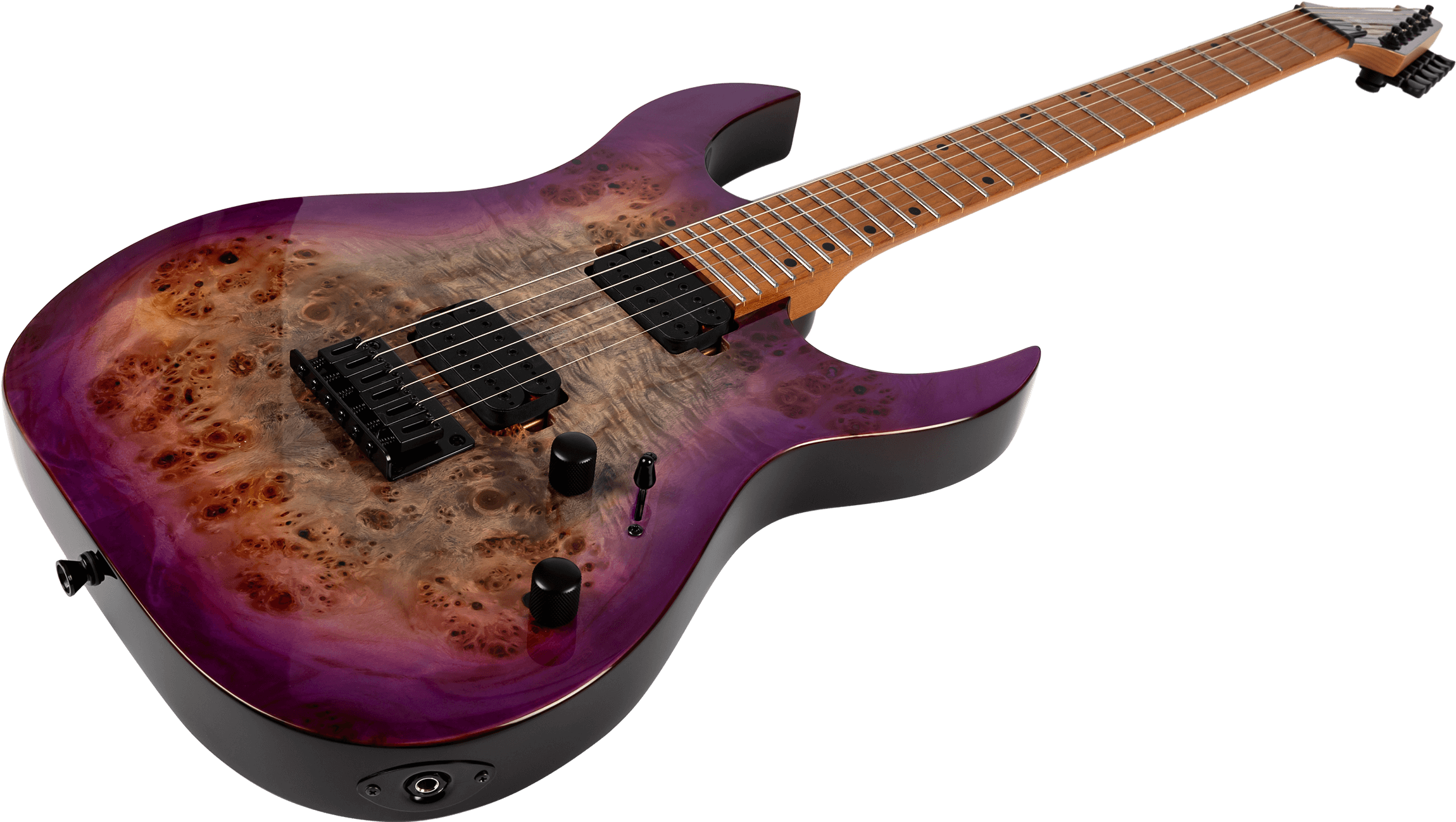 Electric guitar with a burl wood top, purple edges, two black humbucker pickups, three black control knobs, and a bolt-on maple neck.