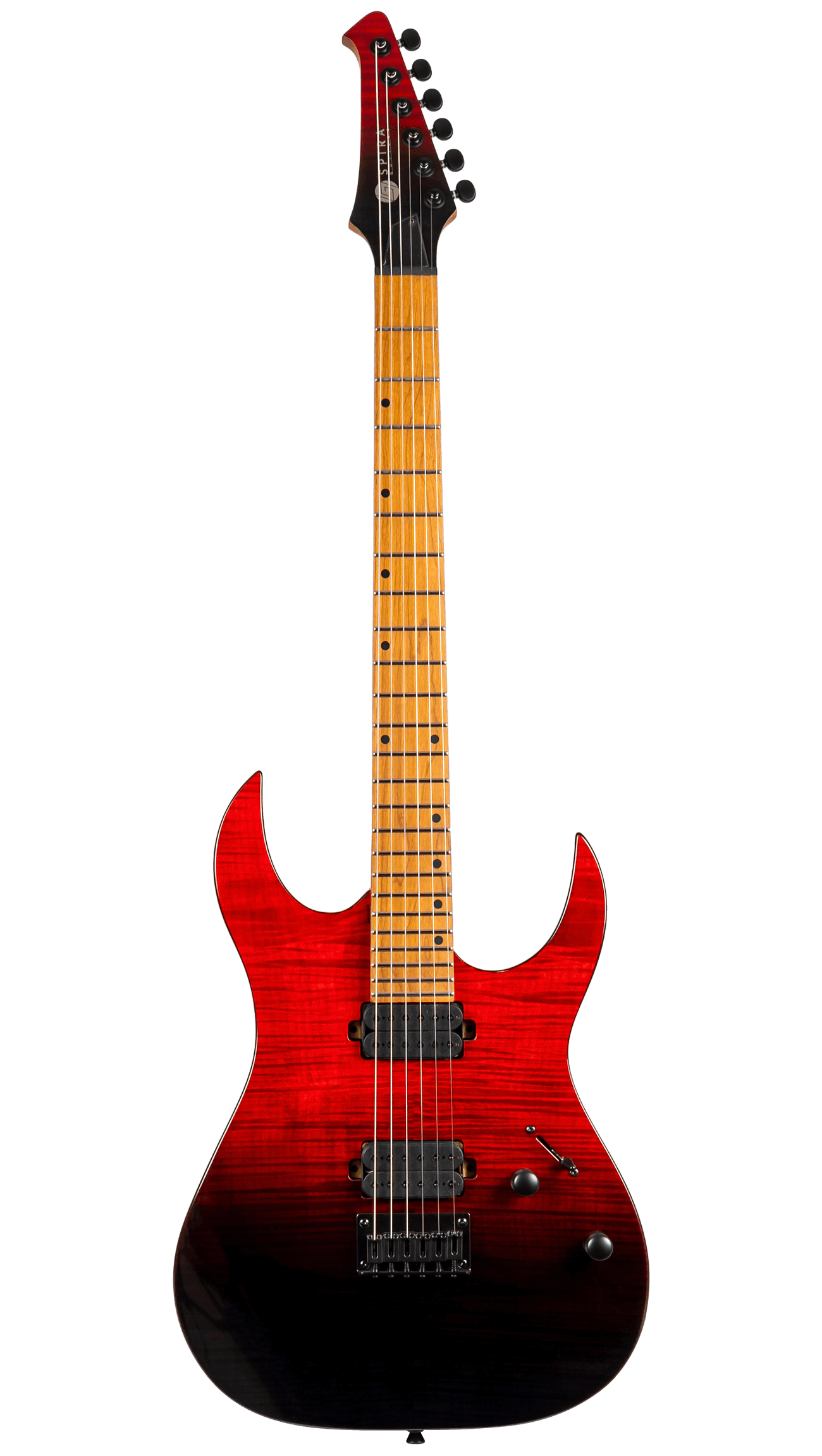 Electric guitar with a bright red-to-black gradient body, two black pickups, six tuning pegs, and a light maple neck and fretboard.