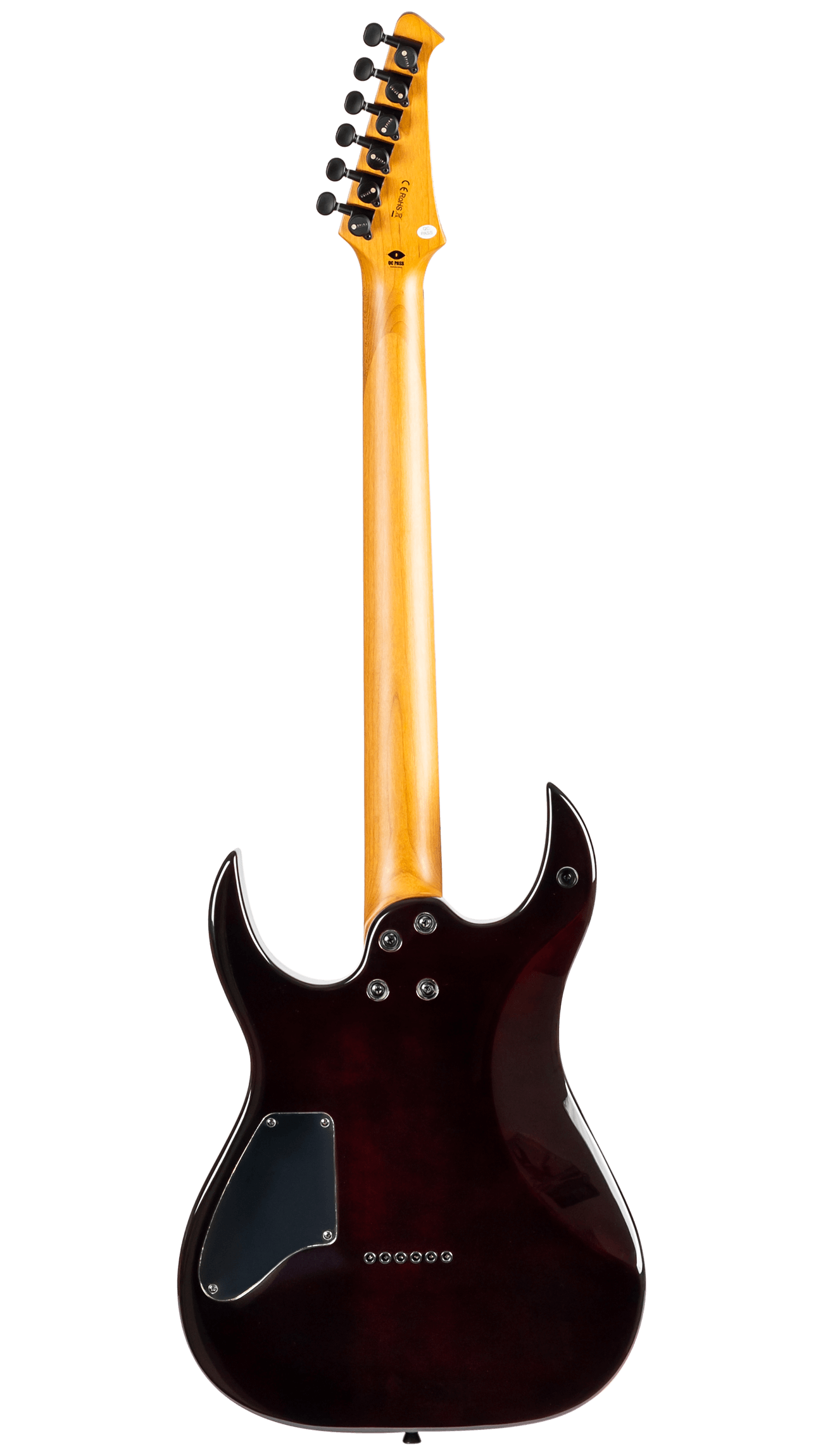 Rear view of an electric guitar with a natural wood neck, dark burgundy double-cutaway body, black tuners, and a backplate on the lower bout.