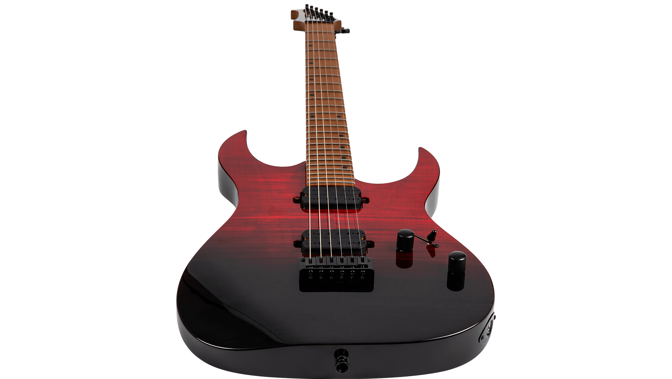 Seven-string electric guitar with a glossy red and black finish, two humbucker pickups, two control knobs, and a sleek, modern double-cutaway body.