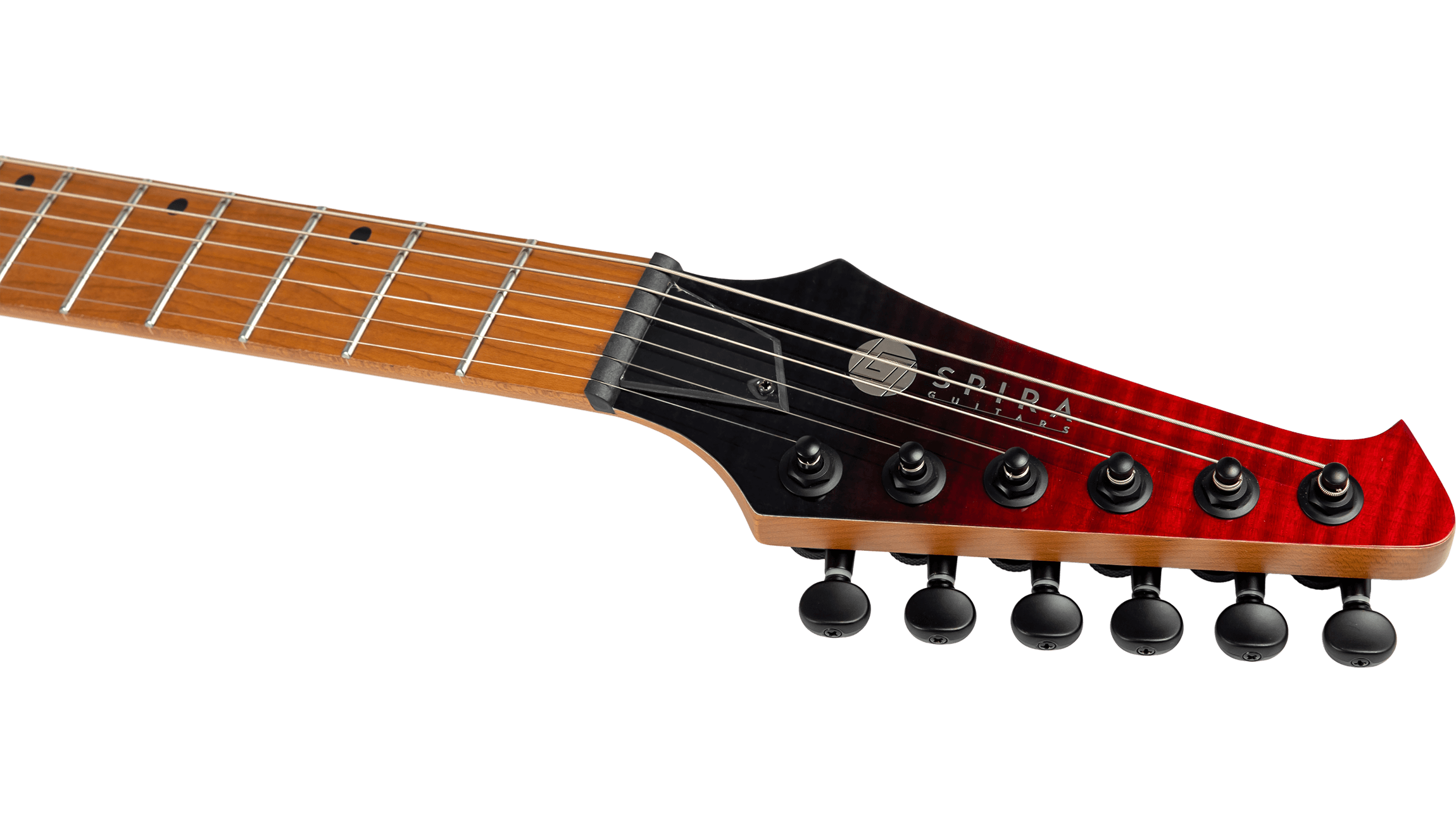 The neck and headstock of an electric guitar, with six tuning pegs, a natural wood fretboard, and a glossy red-black finish on the headstock.