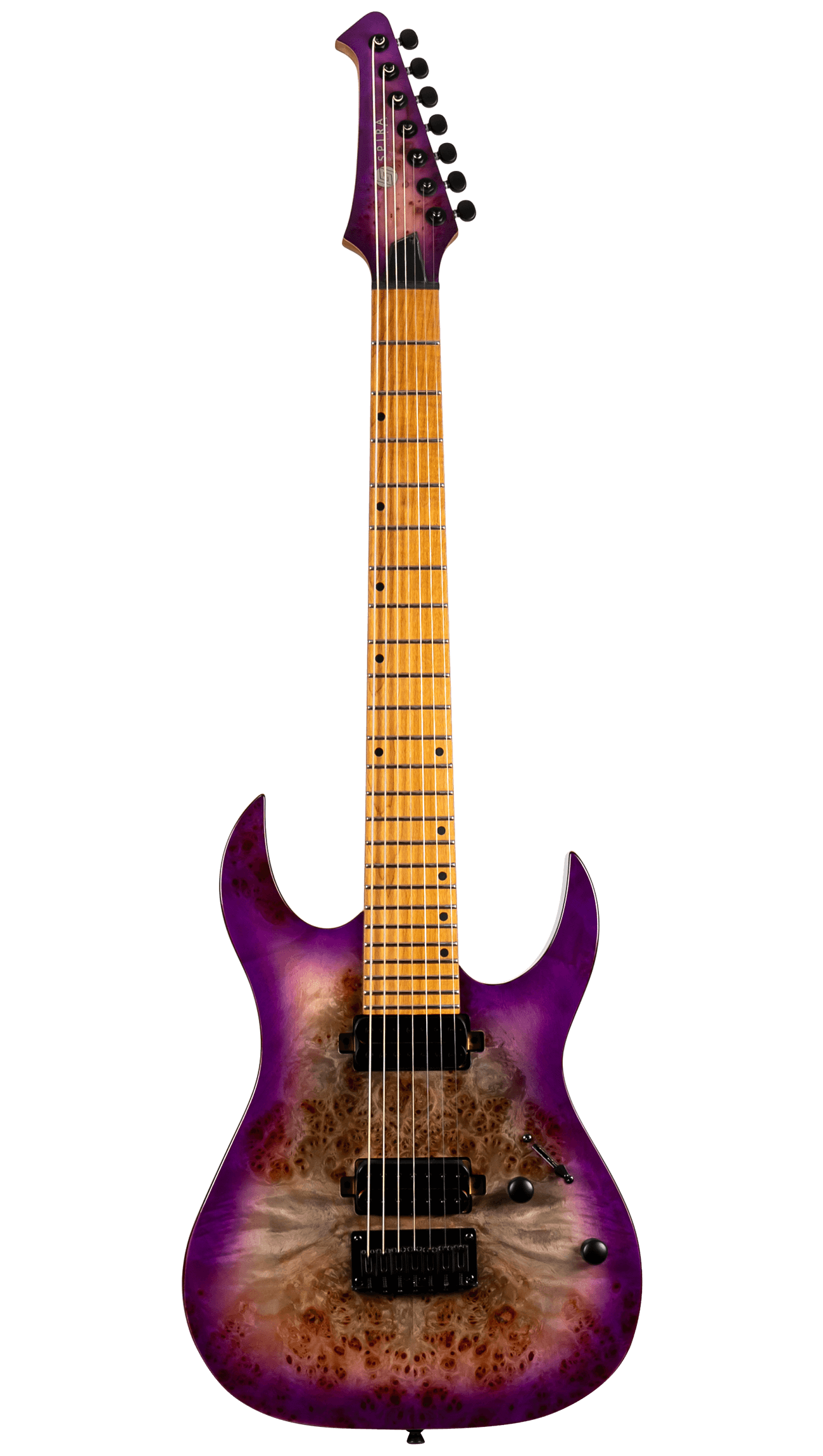 Eight-string electric guitar with a purple burst finish and a natural wood grain center, black pickups, and a maple fretboard.