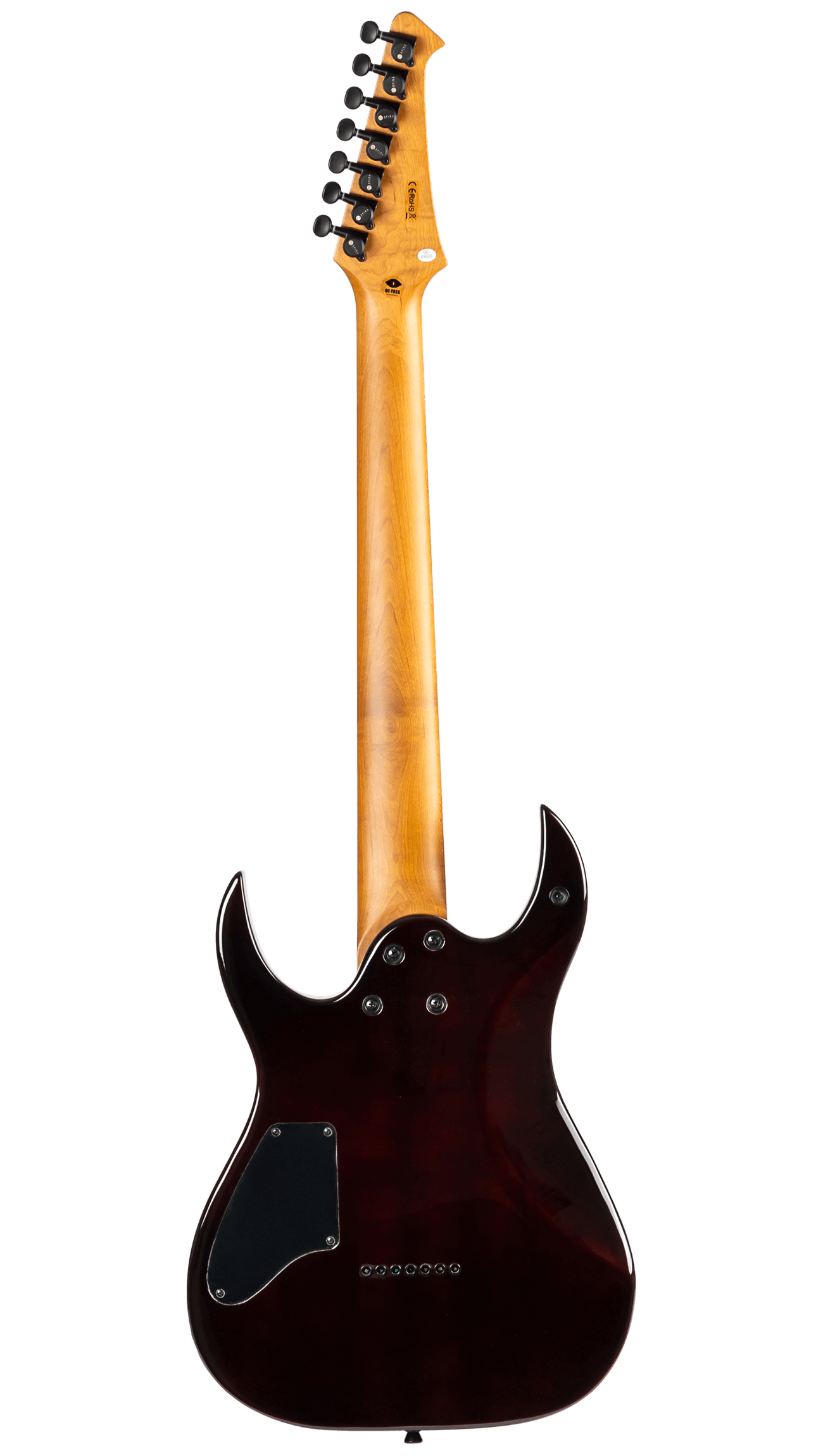 Electric guitar seen from the back, showing a natural wood neck and a dark, glossy double-cutaway body with black cover plates.