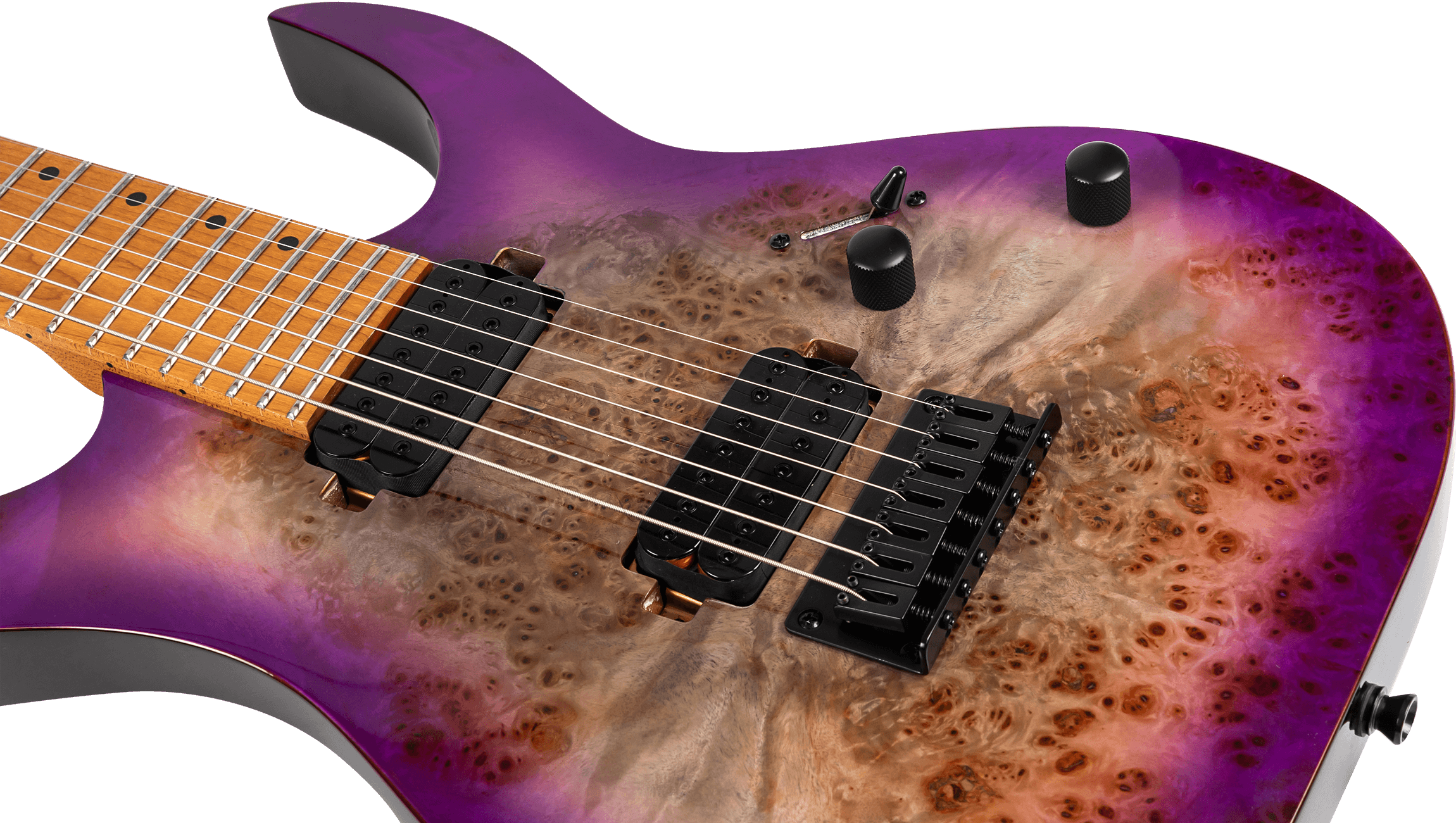 Electric guitar with a natural burl wood finish and purple edges, featuring two black humbucker pickups, six strings, and three black control knobs.