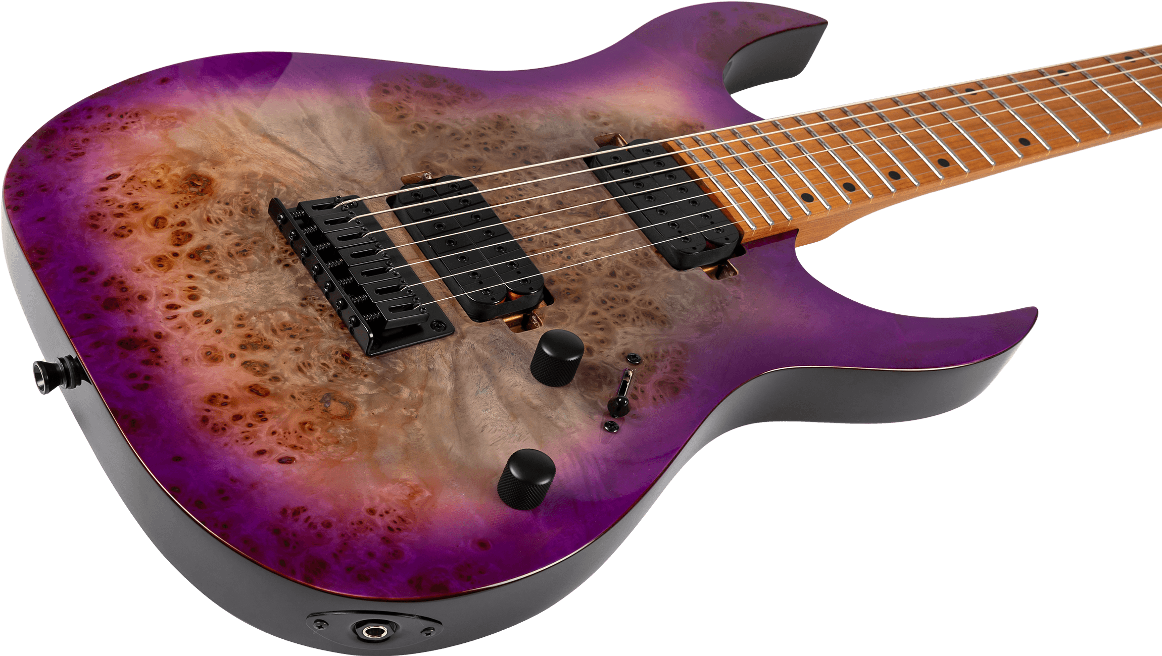 Electric guitar with a natural wood burl pattern fading to vivid purple edges, two black pickups, black hardware, and a maple neck with metal frets.