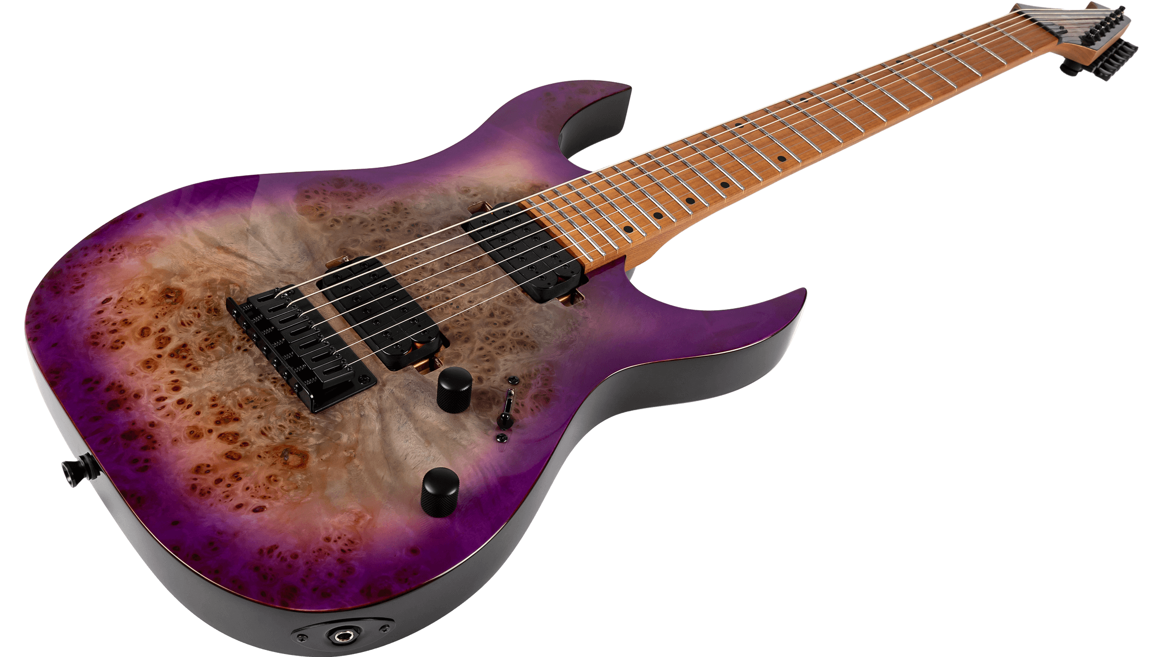 Electric guitar with a multicolored burl wood top, fading from purple edges to a tan and brown center, seven strings, black hardware, and maple fretboard.