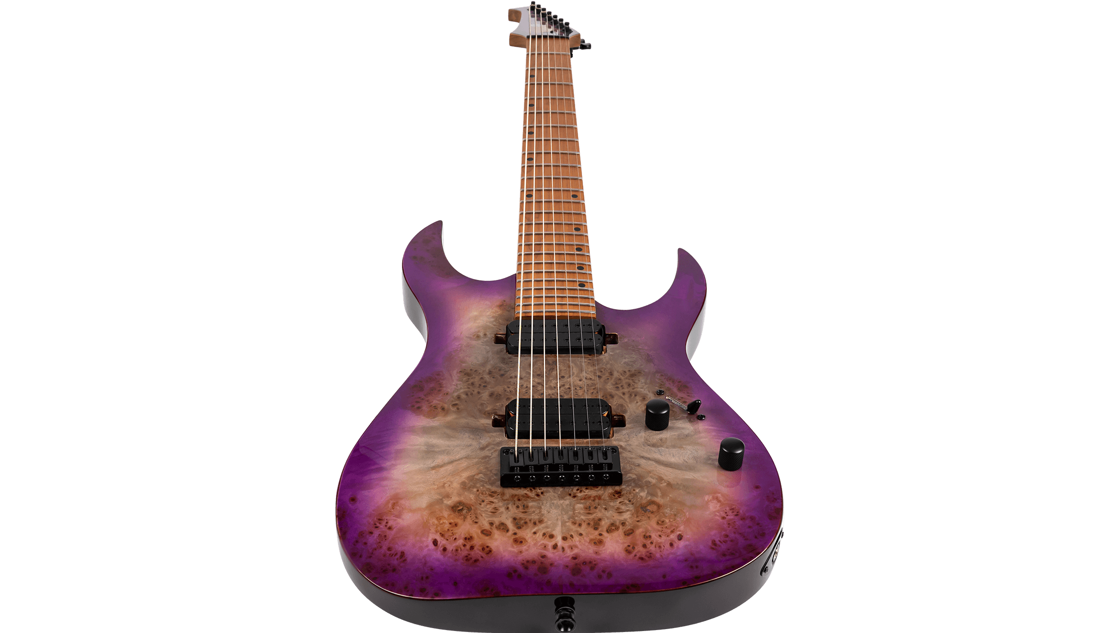 Eight-string electric guitar with a glossy burl wood top in purple burst finish, two black humbucker pickups, and black control knobs.