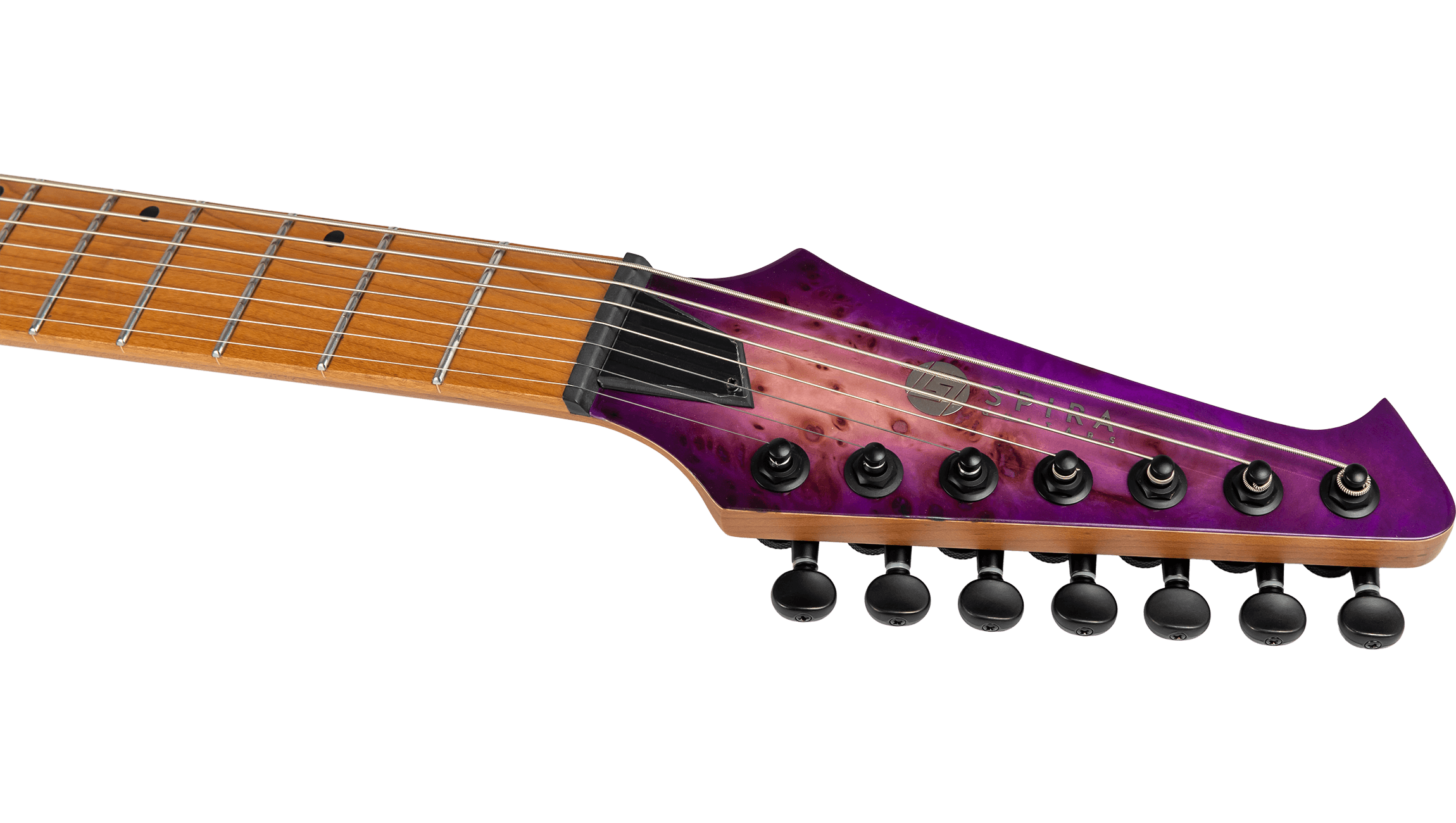 A nine-string electric guitar headstock with a natural wood neck and a sharp angled head painted purple, featuring black tuning pegs in a row.