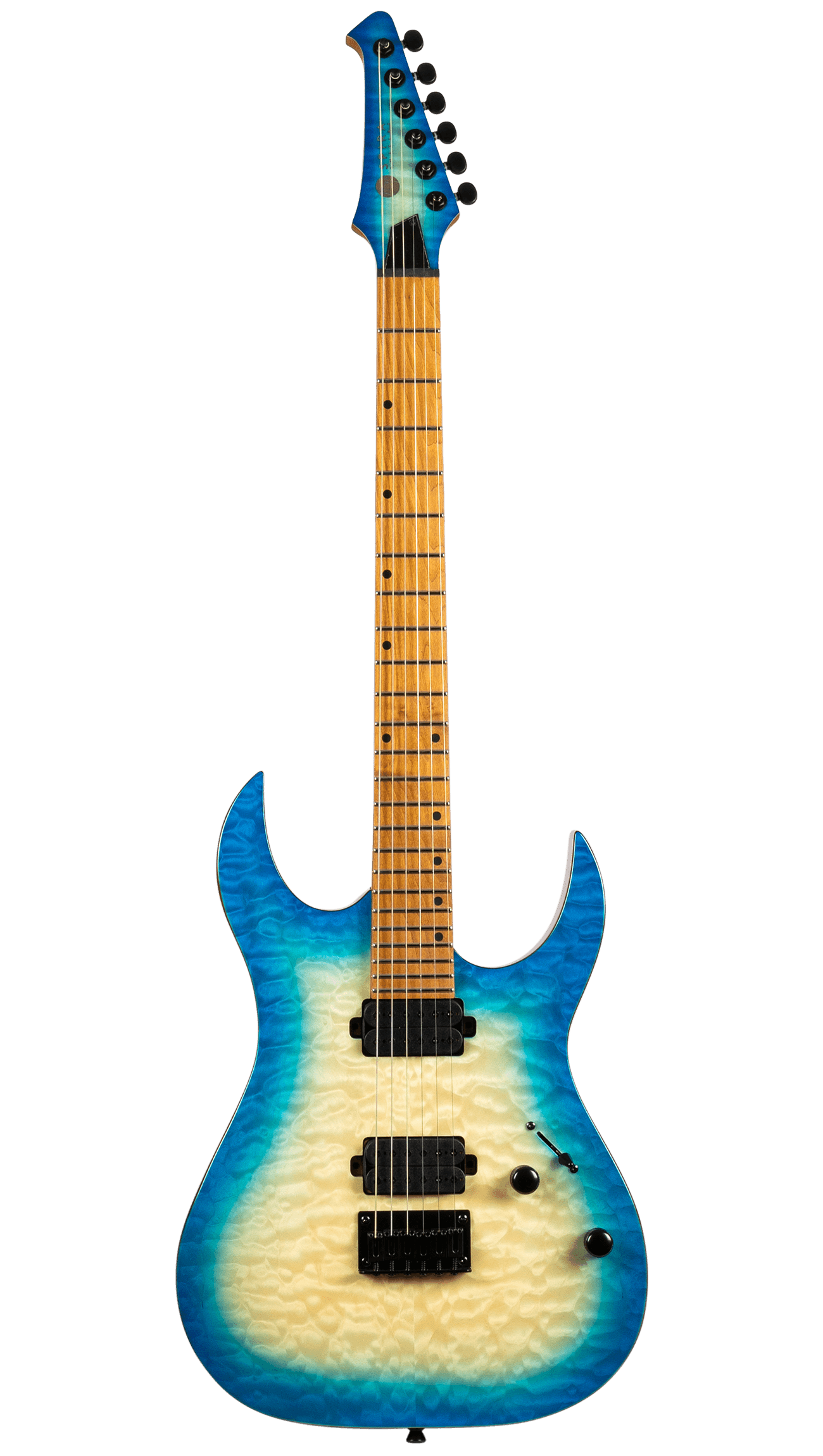 Electric guitar with a quilted maple top, blue burst edges fading to cream center, two black humbucker pickups, and maple fretboard.