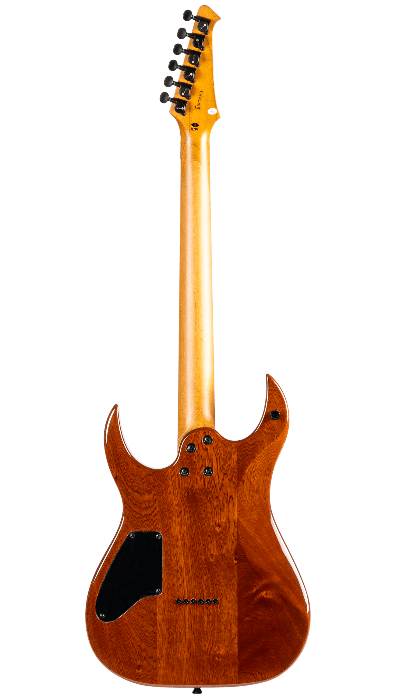 Electric guitar shown from the back, featuring a natural wood finish, black tuning pegs, and a black electronics cover plate on the lower body.