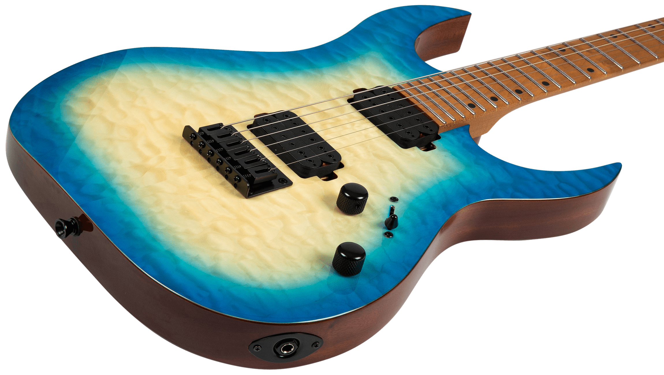 Electric guitar with a quilted maple body in a blue-to-cream burst finish, black pickups, knobs, and a brown wooden side.