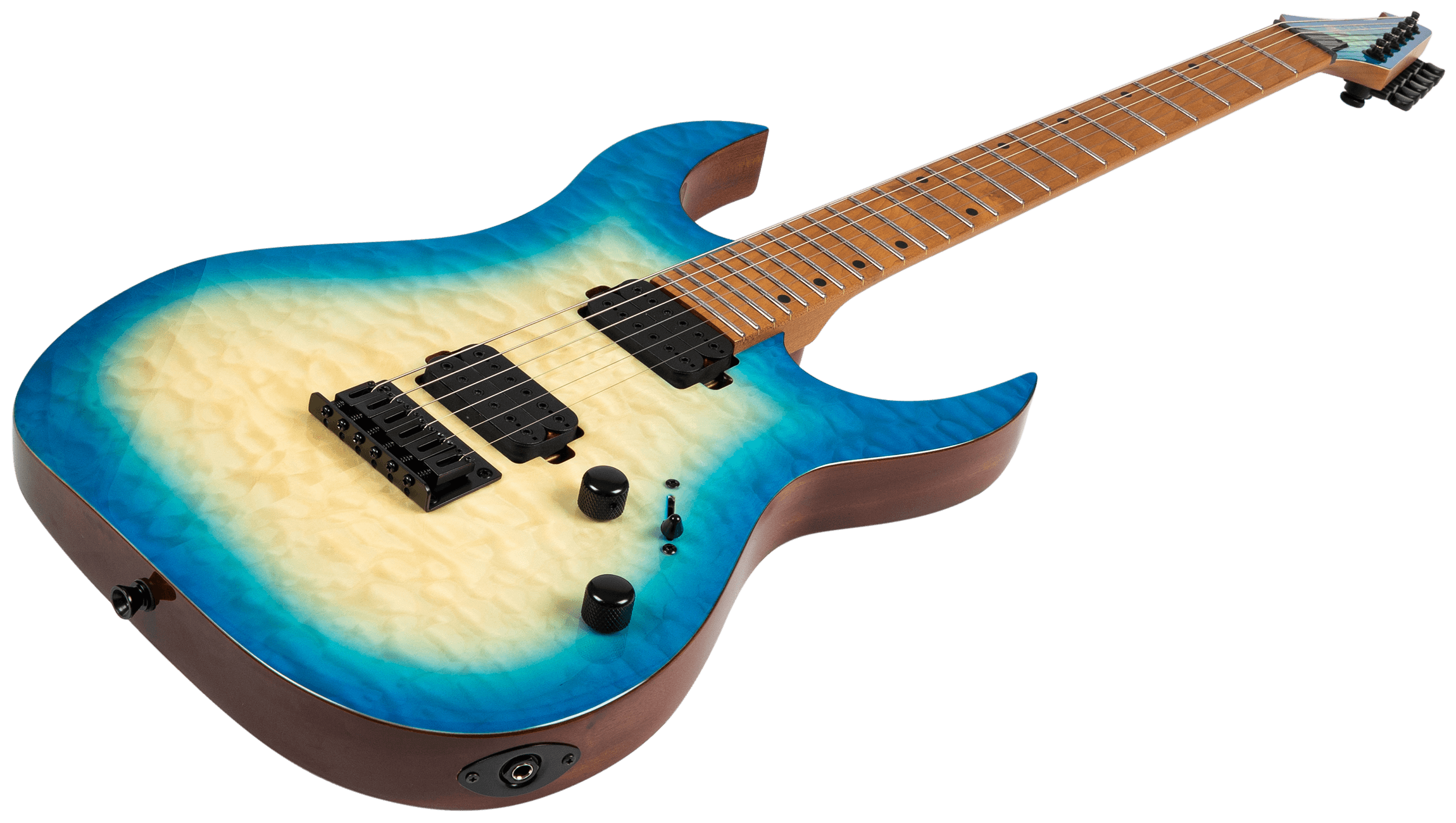 Electric guitar with a contoured body, quilted pattern, sunburst finish fading from cream at the center to bright blue edges, two pickups, and black hardware.