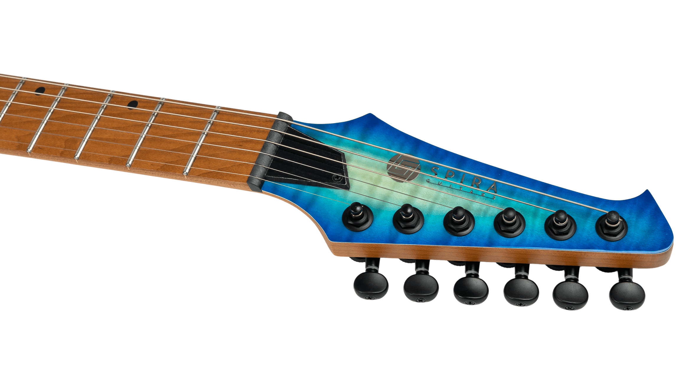 Electric guitar headstock in blue-green sunburst finish, six black tuning pegs, maple fretboard, “Spira Guitars” logo on the headstock.