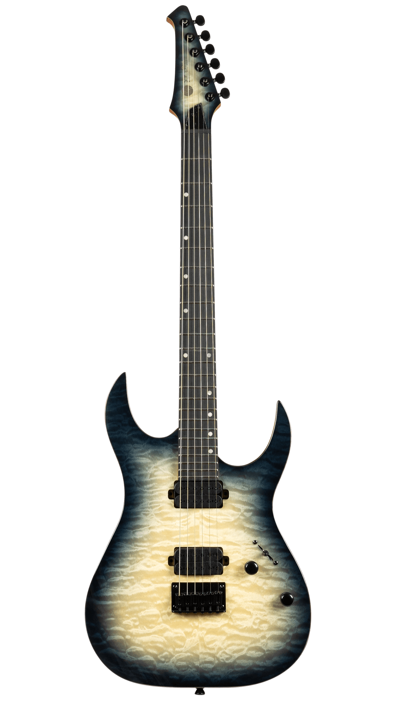 Electric guitar with a sharp double-cutaway body, quilted pattern, and fade finish from cream at the center to dark blue at the edges.