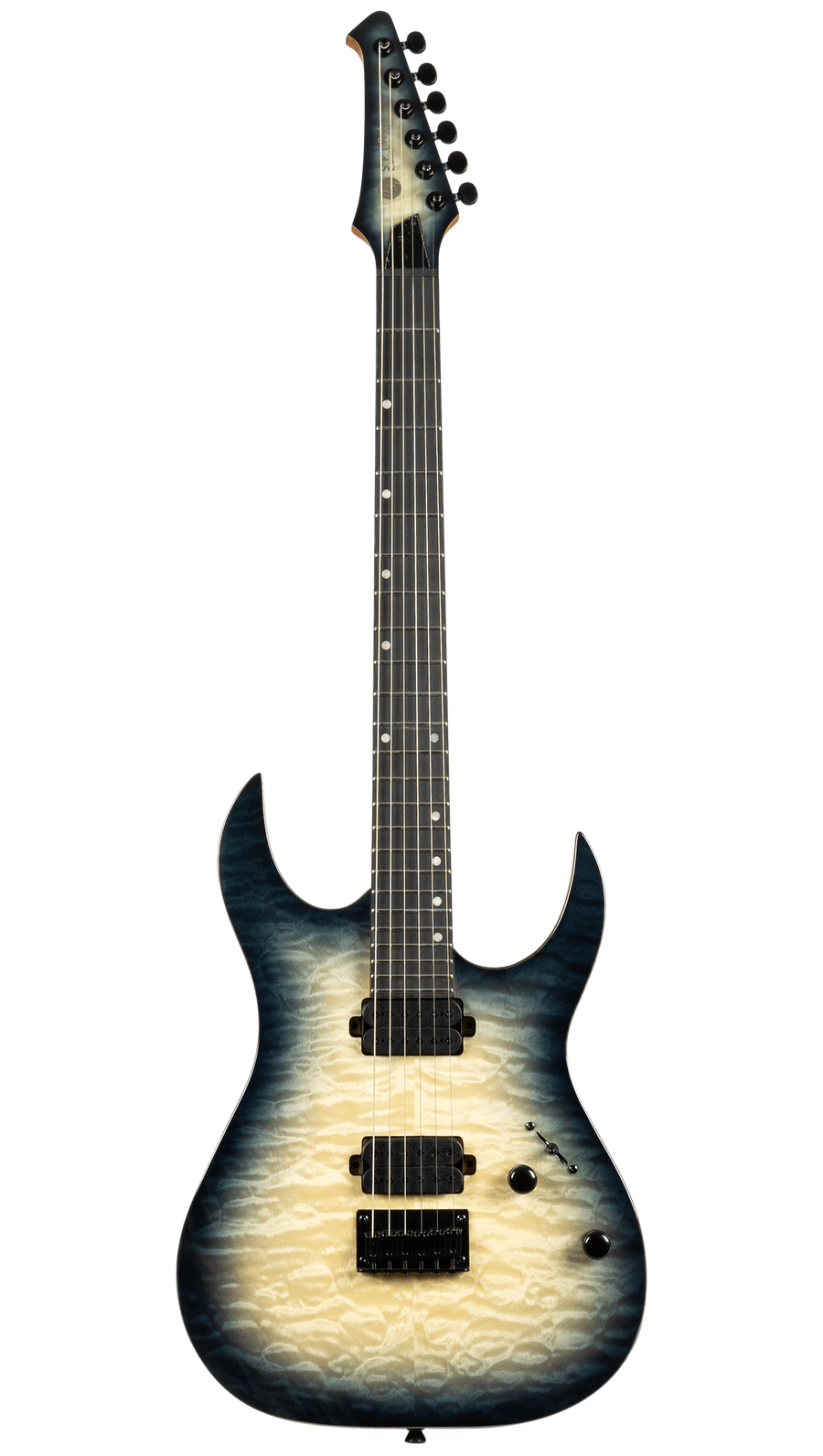 Electric guitar with a sharp double-cutaway body, quilted pattern, and fade finish from cream at the center to dark blue at the edges.