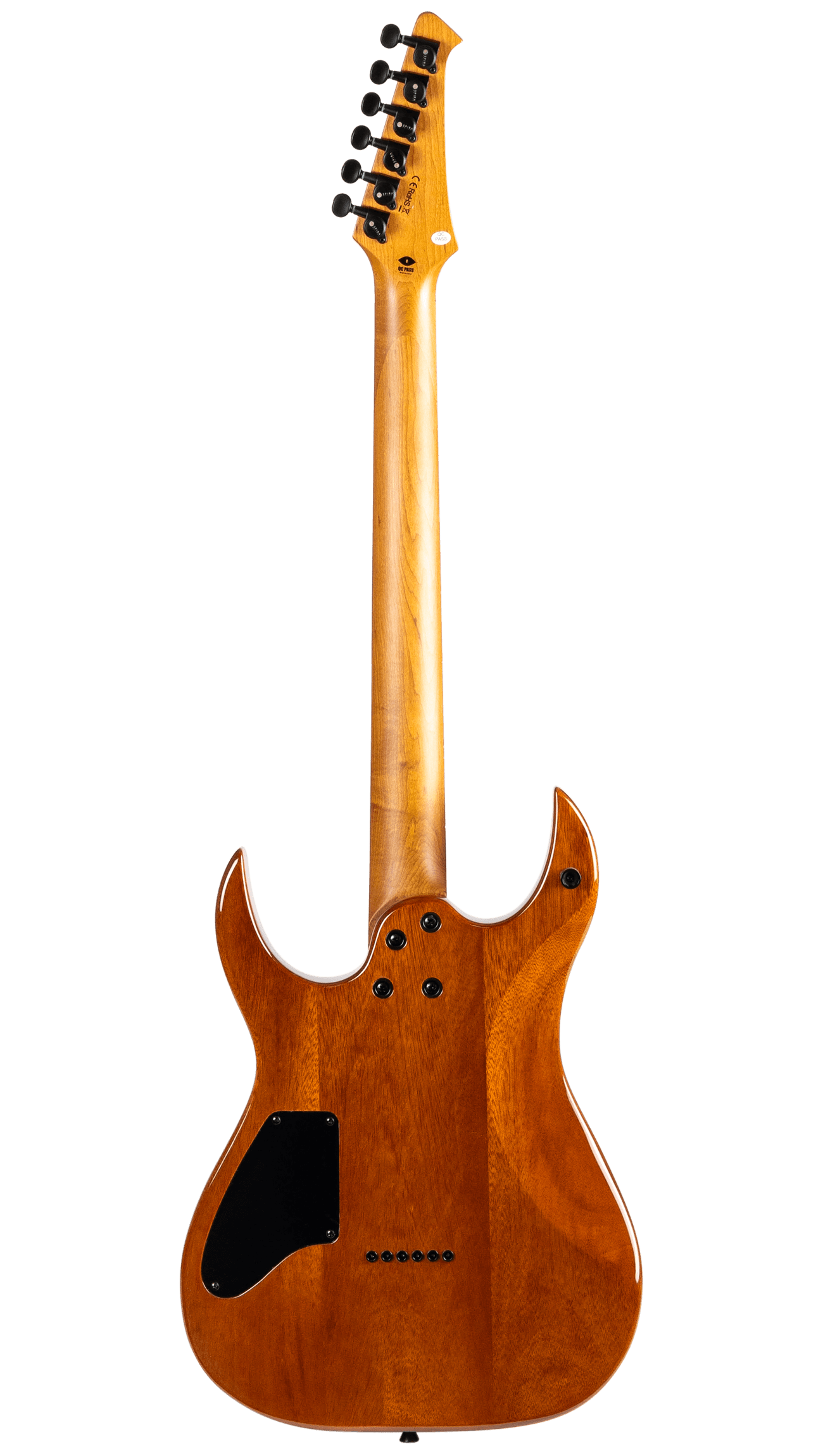 Electric guitar showing the back, natural wood finish, two sharp upper horns, black backplate, six tuning pegs, bolt-on neck with visible screws.