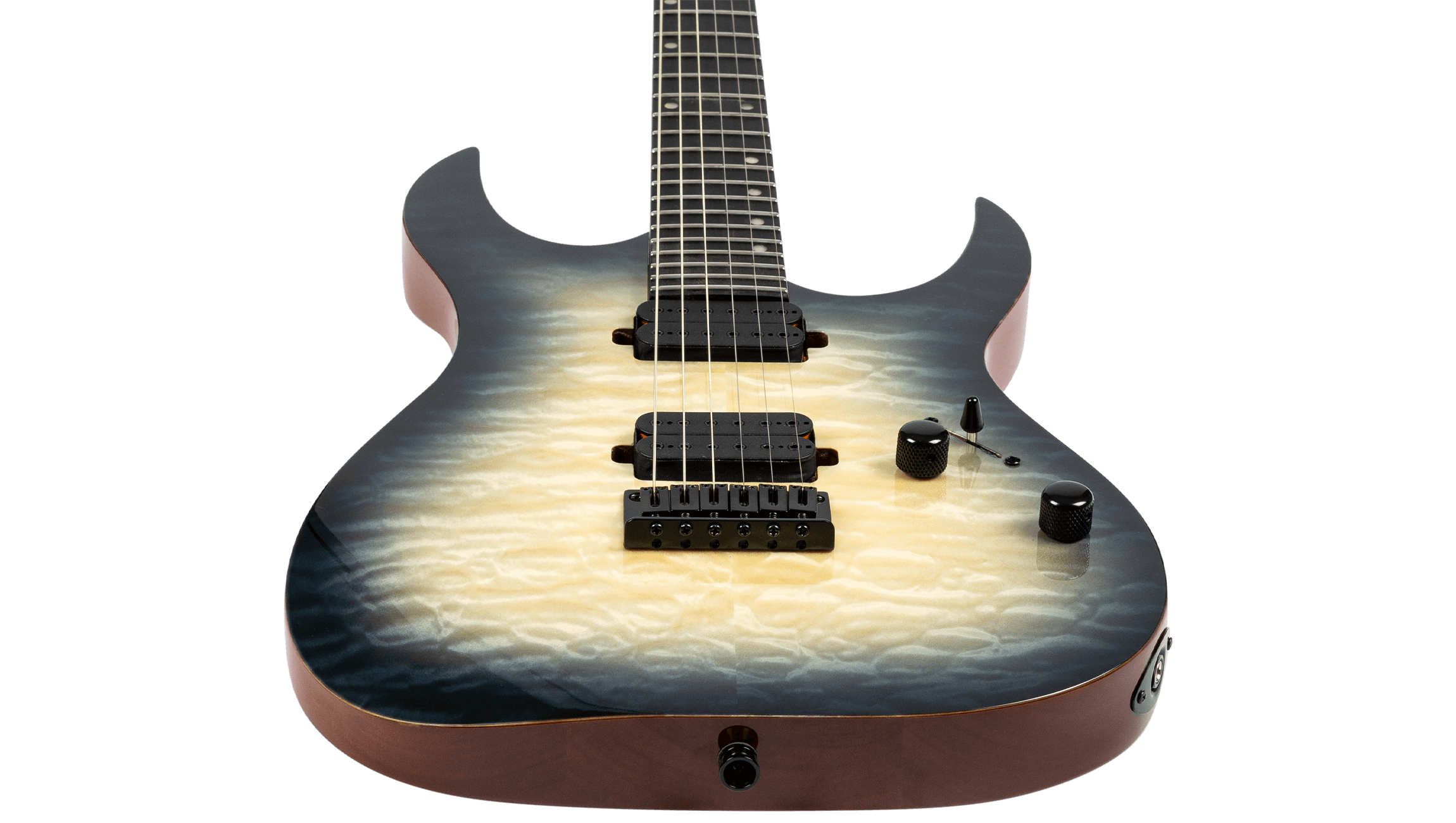 Electric guitar with a contoured body, quilted finish that fades from black edges to a creamy yellow center, two humbucker pickups, and black control knobs.