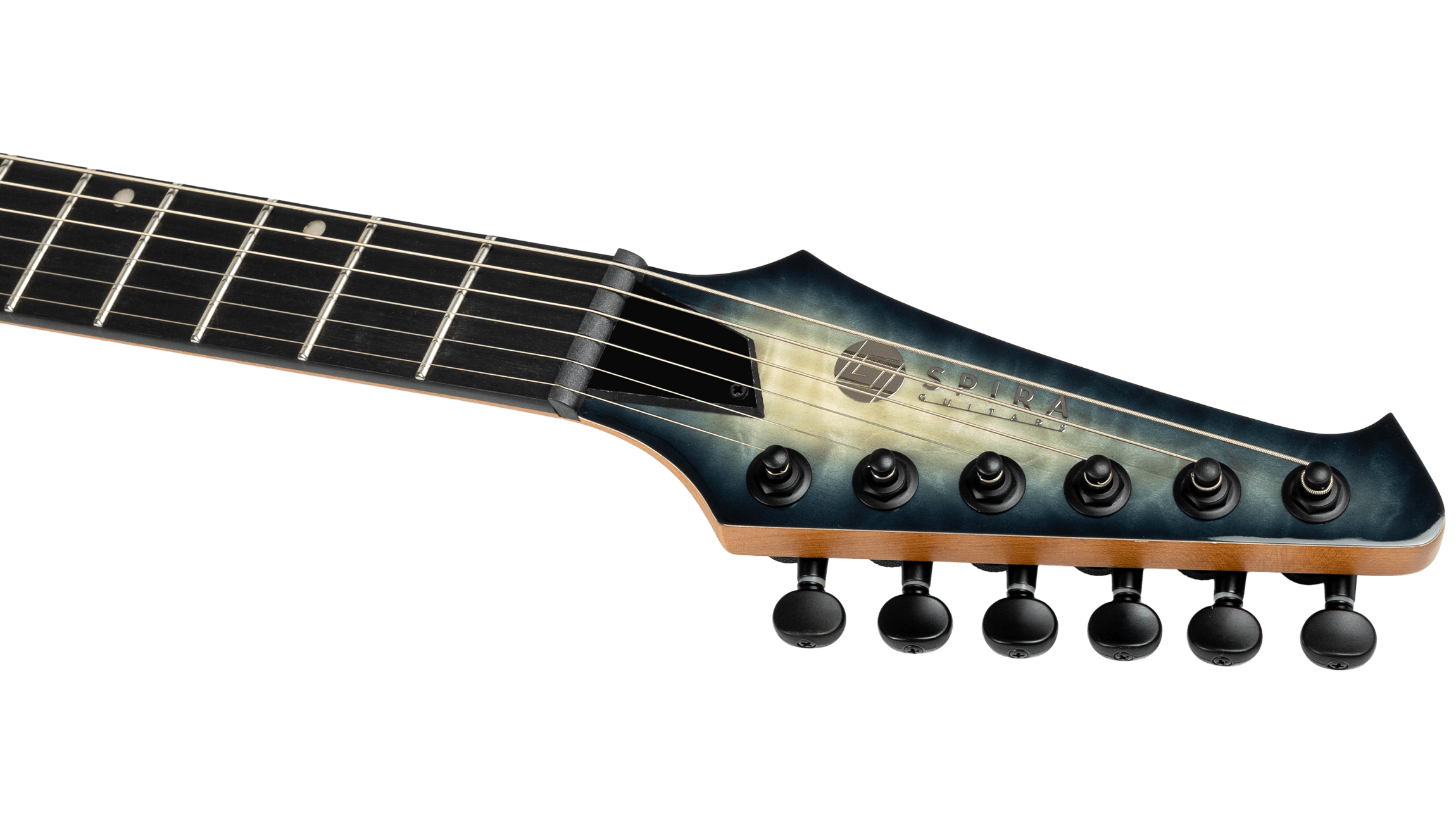 Electric guitar headstock with six black tuning pegs, dark blue-green finish, and "Spira Guitars" logo above the strings.