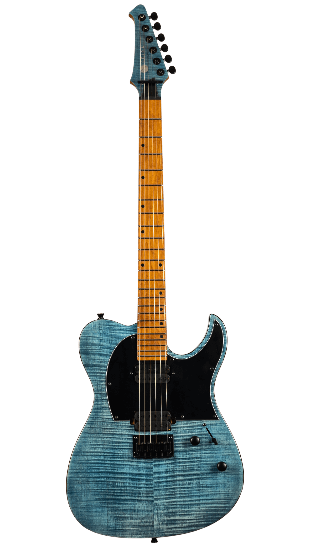 Electric guitar with a blue flamed maple body, black pickguard, two humbucker pickups, maple neck, and six tuning pegs in line.