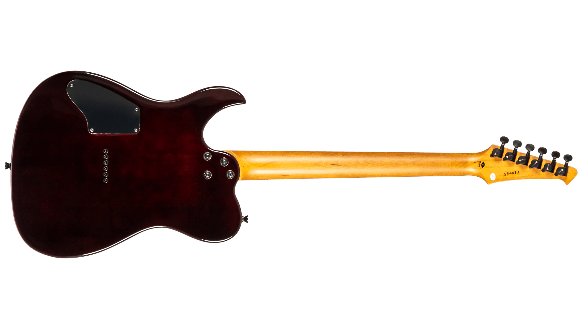Rear view of an electric guitar showing a dark red-brown body, natural wood neck, black tuning pegs, and a black electronics cover plate.
