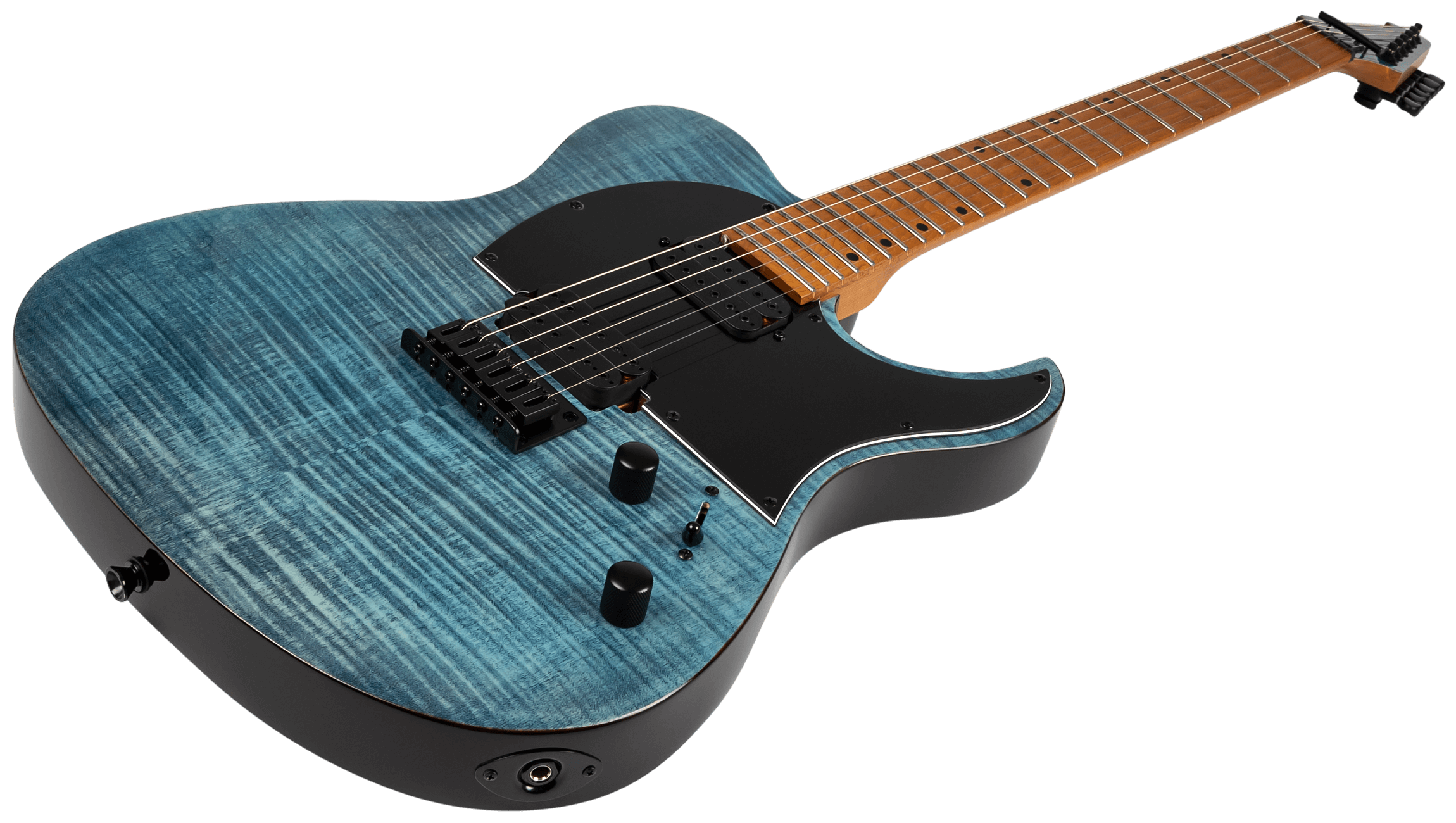 Electric guitar with a blue flamed maple top, black pickguard, two control knobs, six strings, and a contrasting brown neck with no inlays.