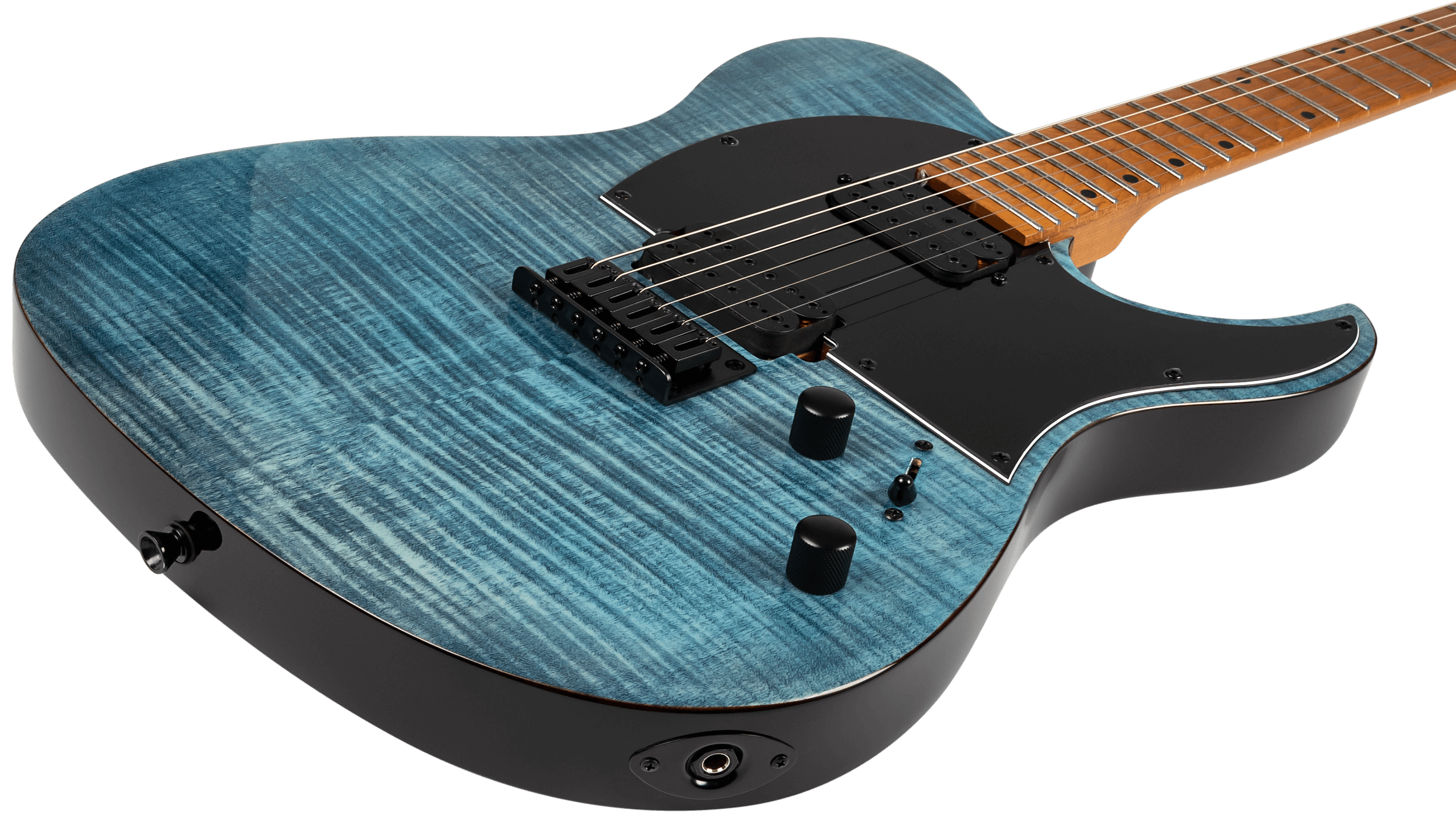 Electric guitar with a blue, wavy wood grain body, black pickguard, two black control knobs, six strings, and a maple neck.