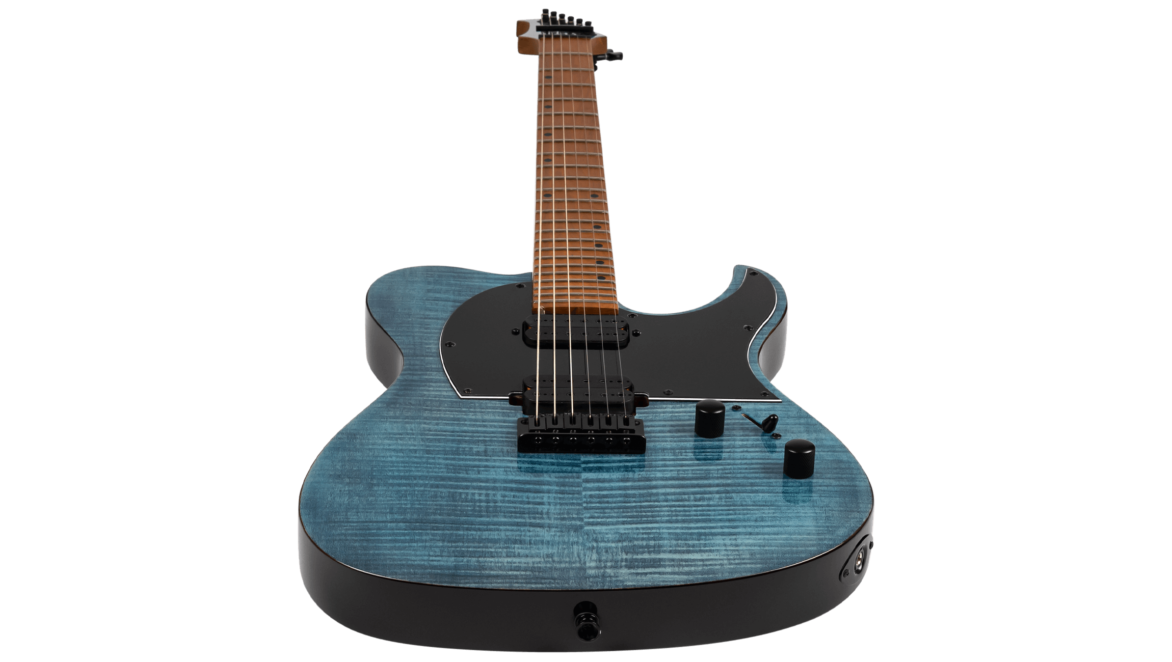 Blue electric guitar with a flamed maple top, black pickguard, two knobs, and seven strings, viewed from the base looking up the neck.