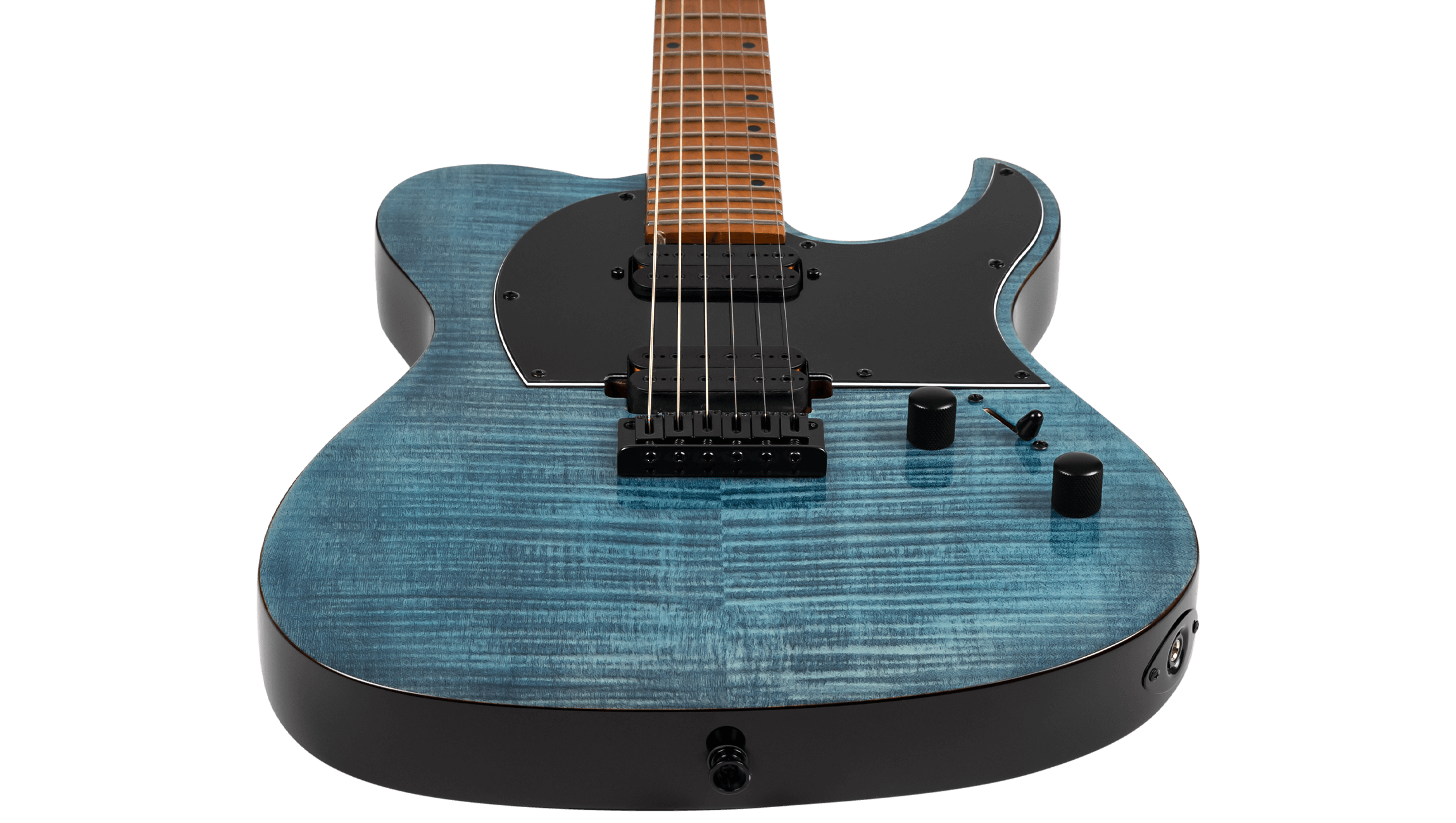 Electric guitar with a blue flamed maple top, black pickguard, two humbucker pickups, and three black control knobs.