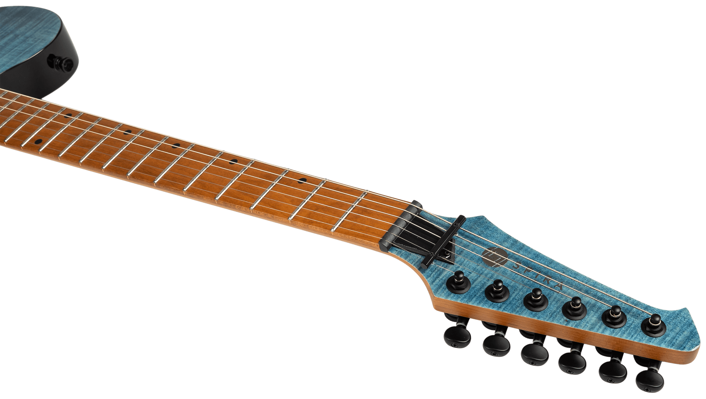 Electric guitar with a natural wood fretboard and a blue headstock, featuring seven black tuning pegs and dot inlays along the neck.