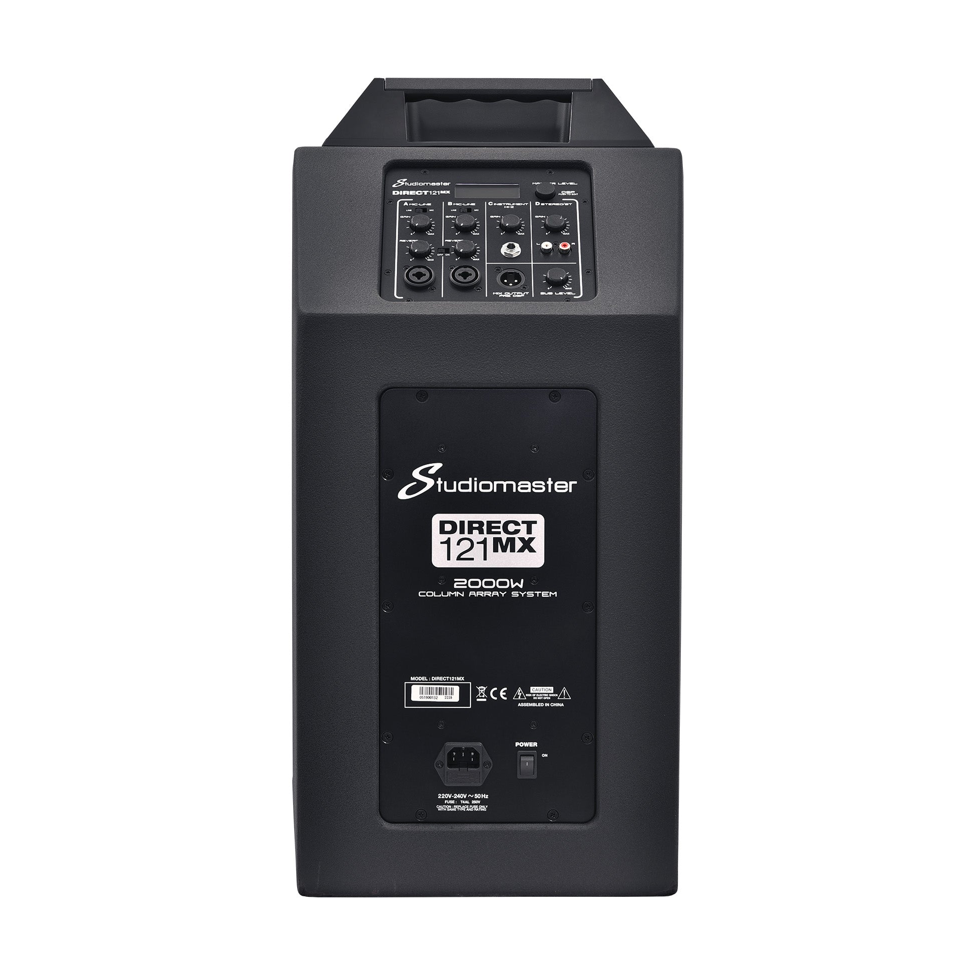 Studiomaster Direct 121MX PA speaker showing control panel with knobs, inputs, and power socket; marked as 2000W column array system.