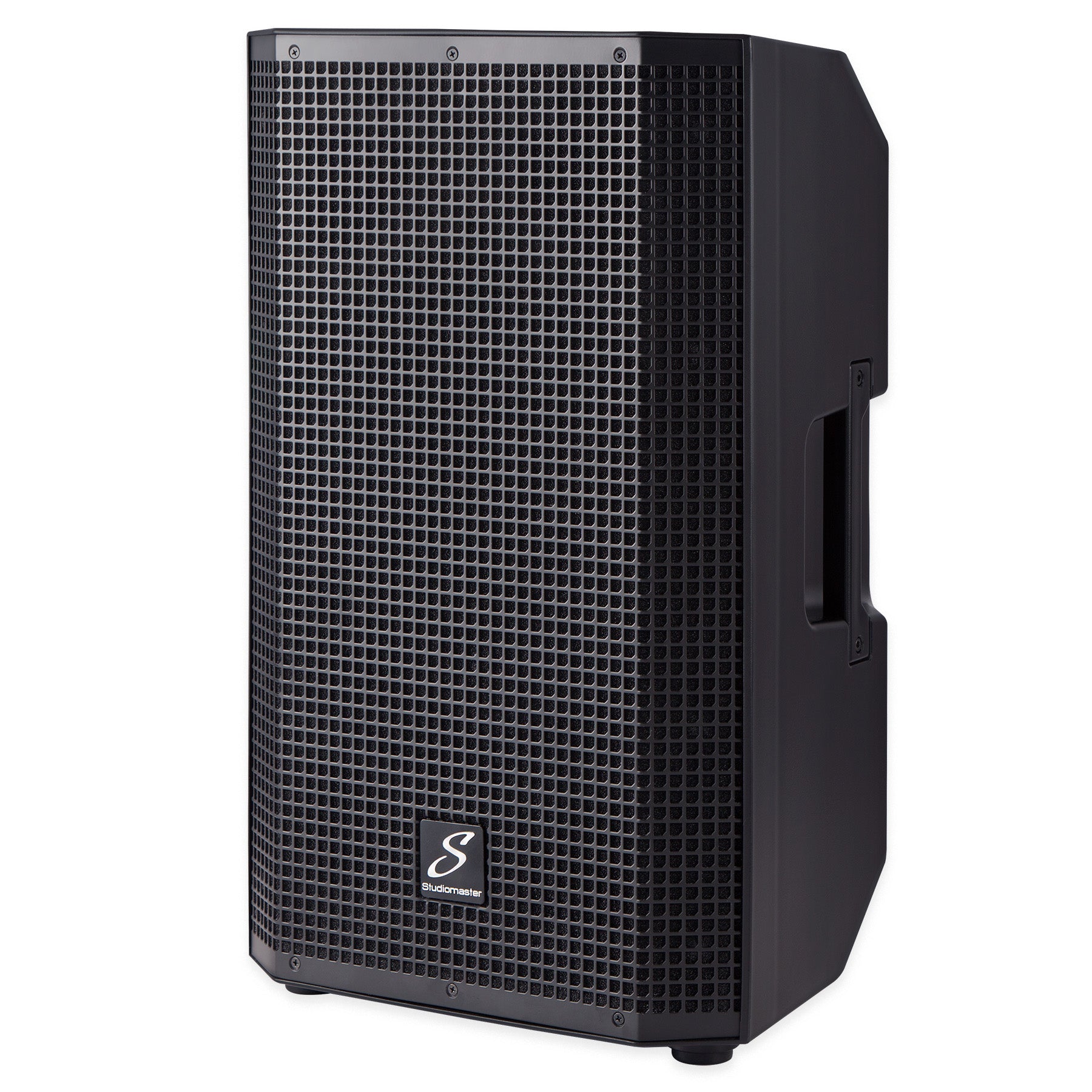 Large black rectangular speaker with a metal grille front, side carrying handle, and Studiomaster logo at the bottom center.