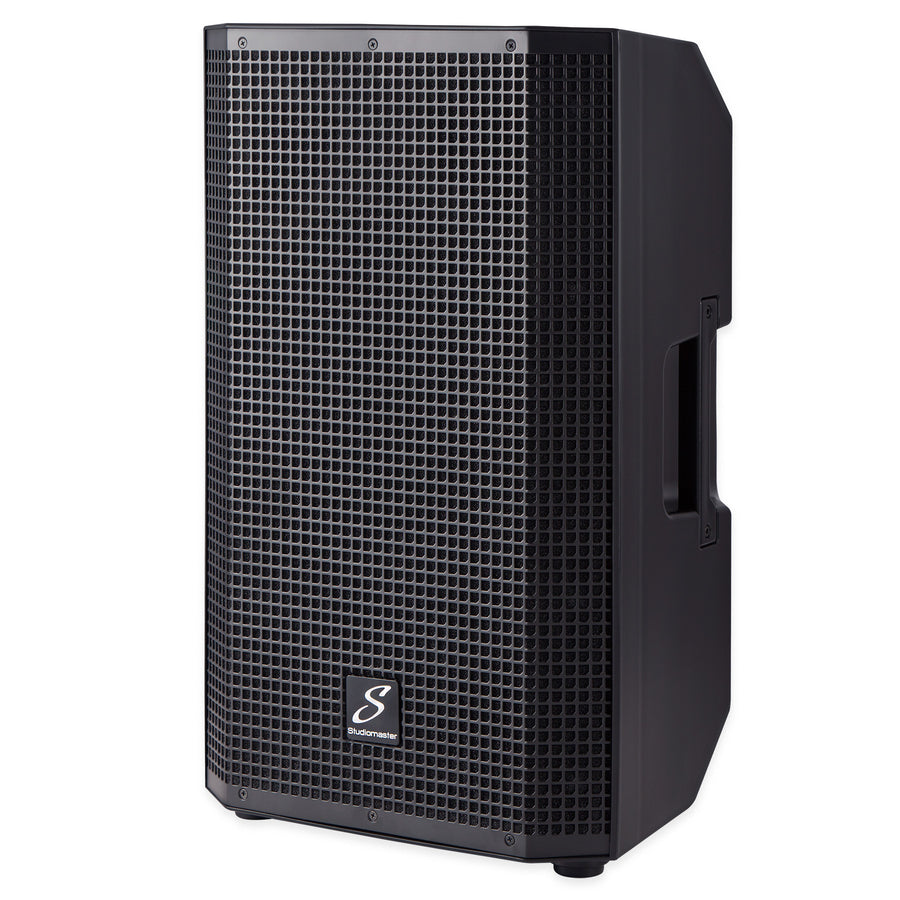 Large black rectangular speaker with a metal grille front, side carrying handle, and Studiomaster logo at the bottom center.