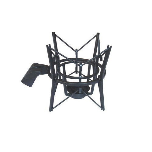 Black microphone shock mount with a circular center ring, elastic suspension bands, and a side clamp for attaching to a stand.