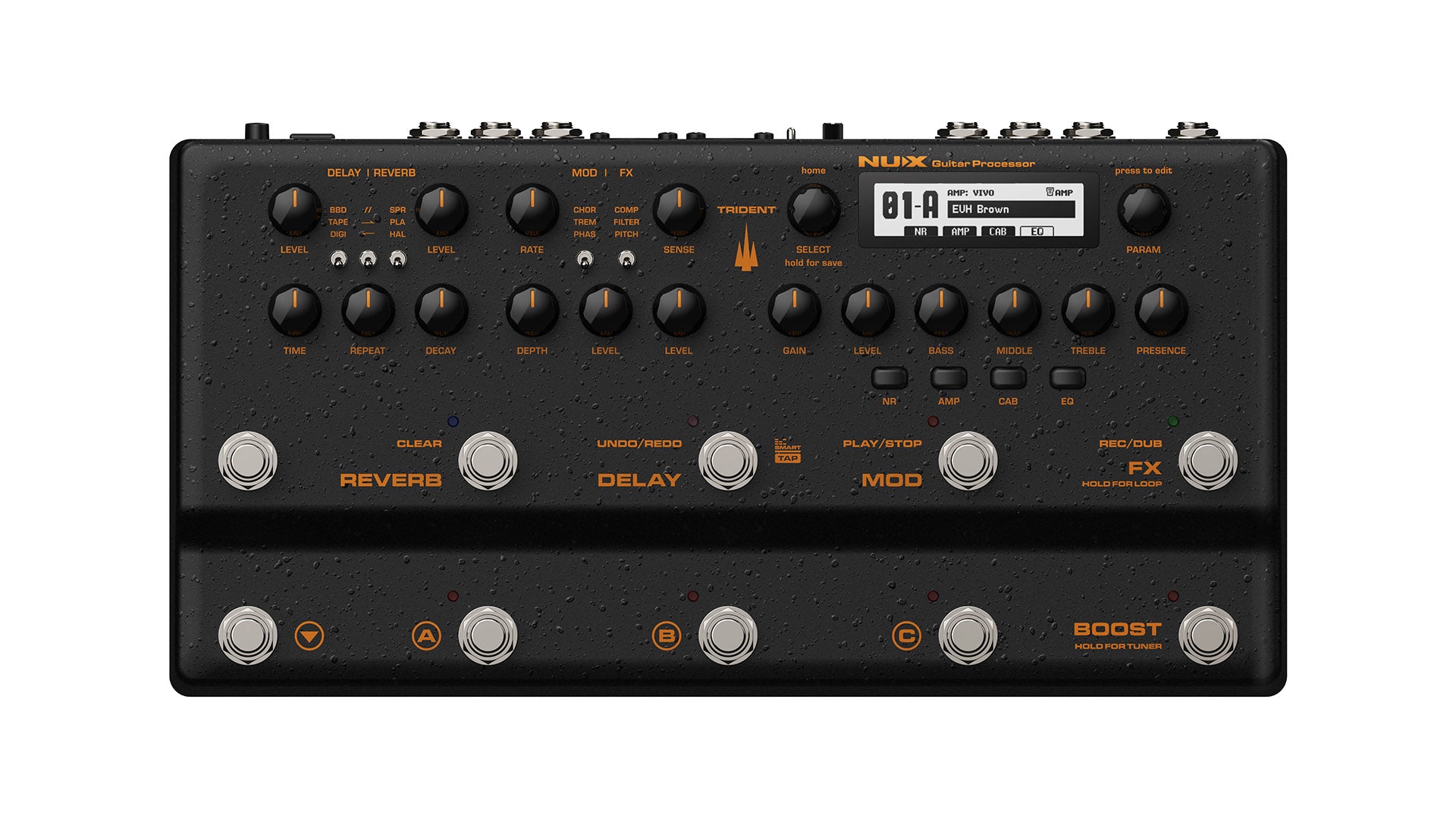 NUX Guitar Processor FX Pedal with 12 knobs, a small display, labeled switches for effects like reverb, delay, mod, FX, and boost across the bottom.