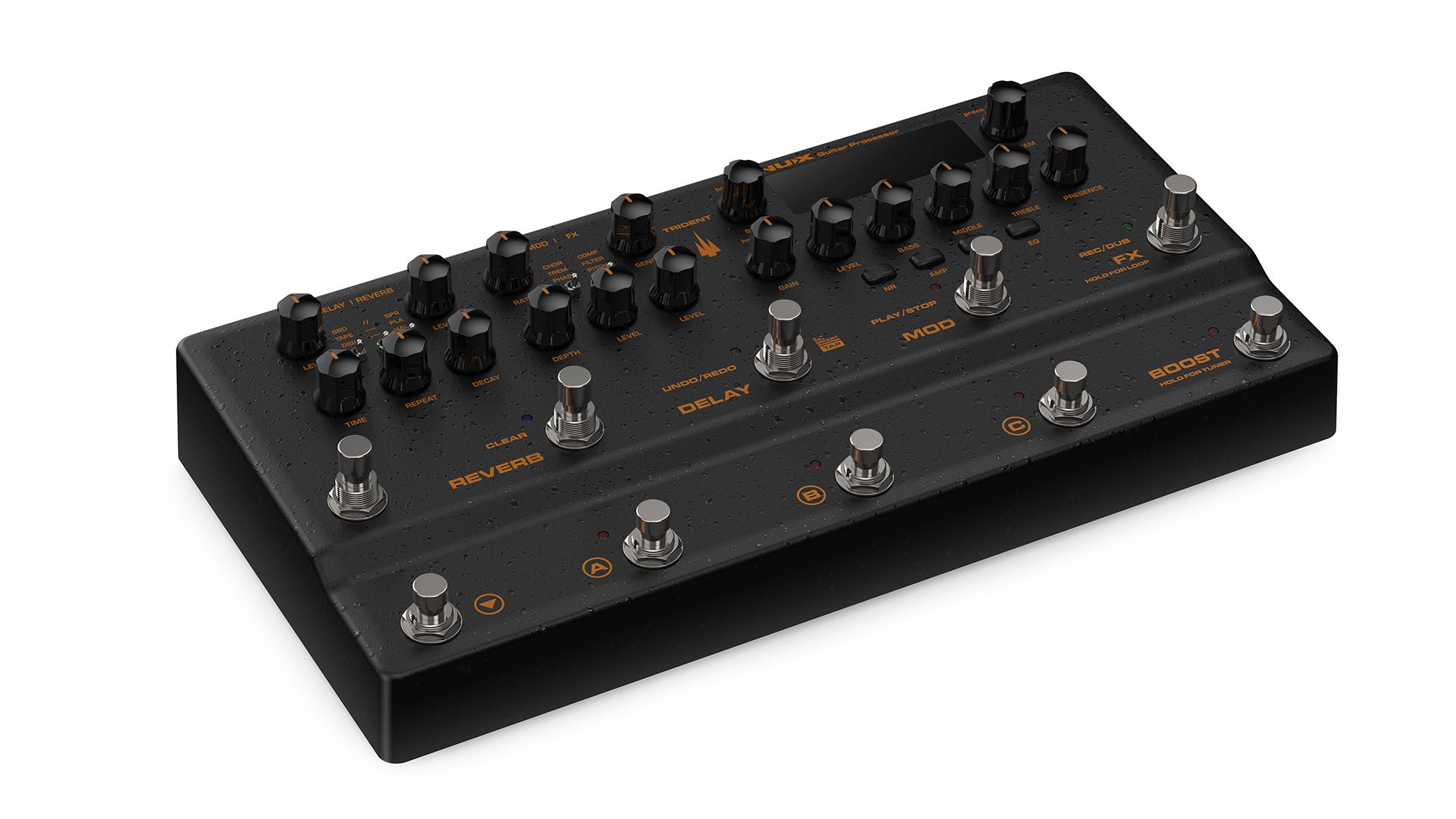 Black FX pedal unit with multiple control knobs, a small display, labeled sections for Reverb, Delay, Mod, Boost, and six metallic footswitches.